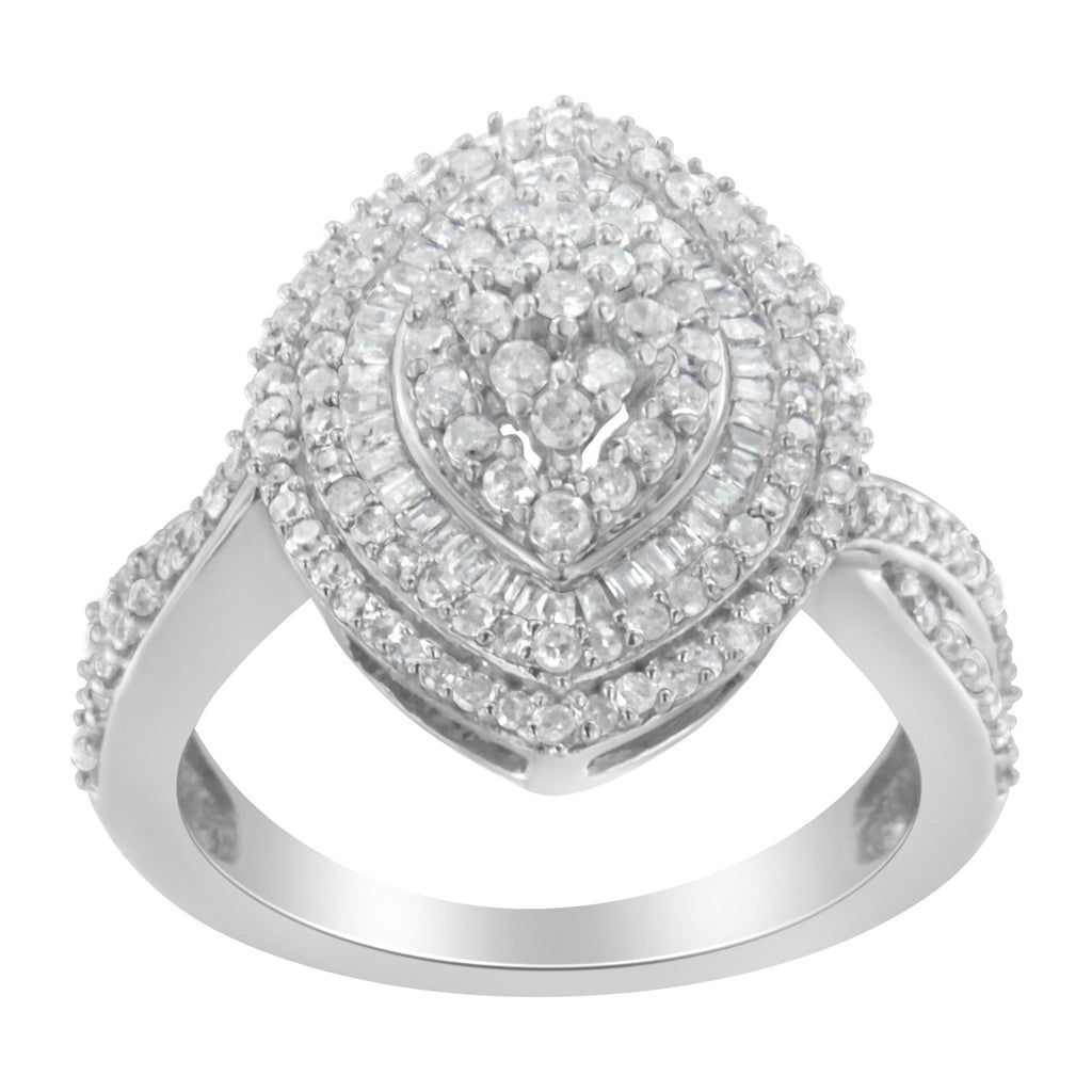 .925 Sterling Silver 1.0 Cttw Round & Baguette-Cut Diamond Marquise-Shaped Cluster Triple Stepped Halo Cocktail Fashion Ring (I-J Color, I2-I3 Clarity) - Friggin Jewelry