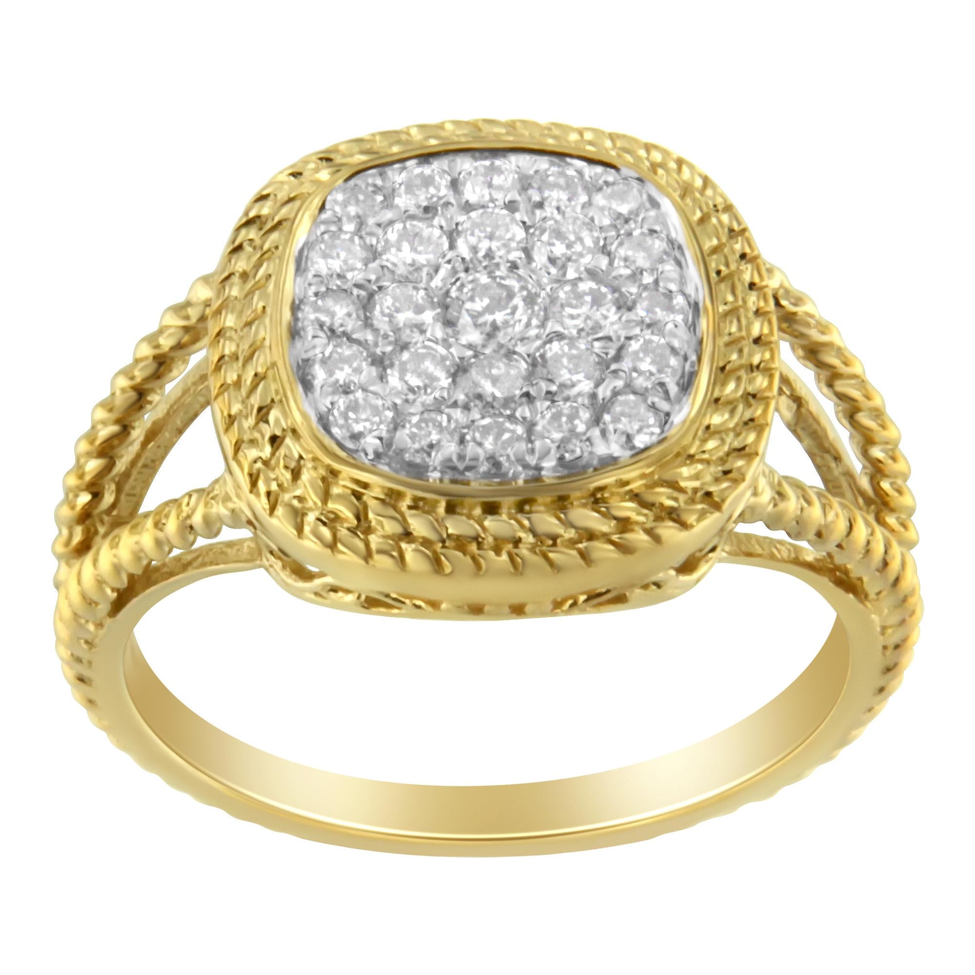 10K Yellow Gold Plated .925 Sterling Silver 1/2 Cttw Diamond Square Cushion Cluster Split Shank Cocktail Ring (J-K Color, I2-I3 Clarity) - Friggin Jewelry