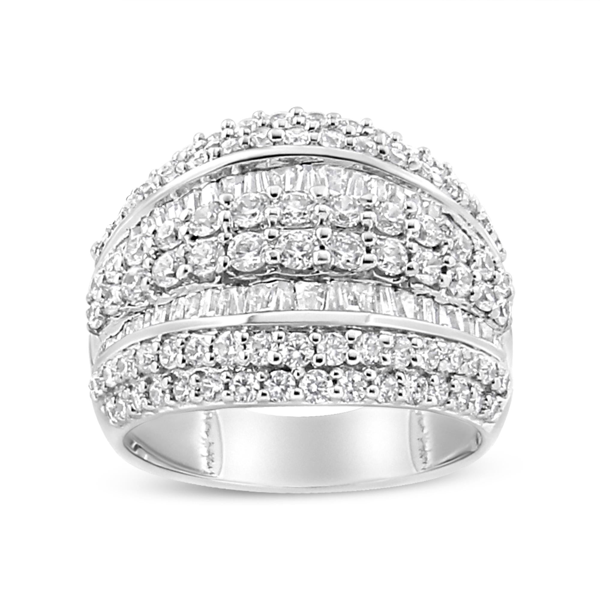 .925 Sterling Silver 2.00 Cttw Round and Baguette-Cut Diamond Cluster Ring (H-I Color, I1-I2 Clarity) - Friggin Jewelry
