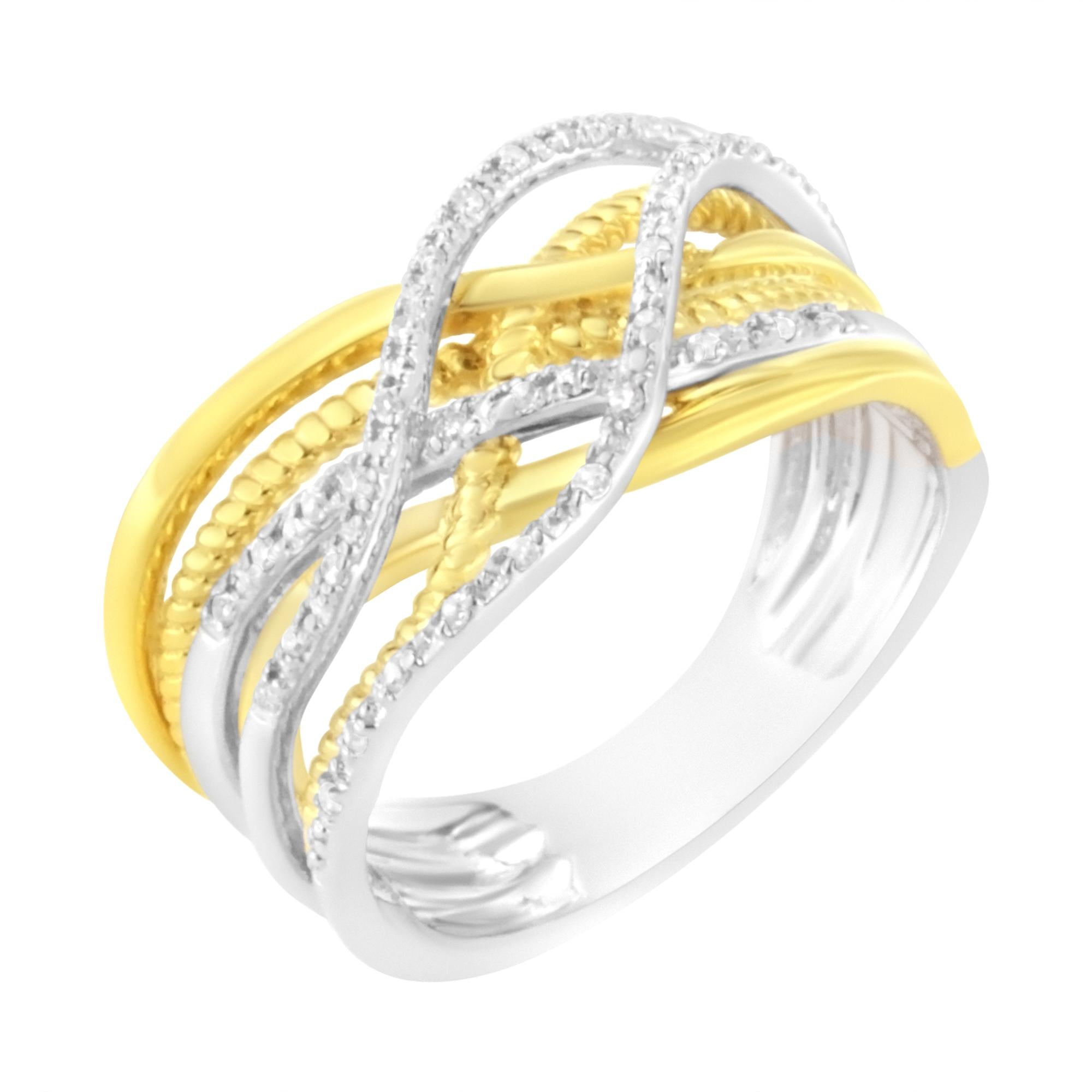 Anillo cruzado de múltiples filas de diamantes de 1/10 quilates con baño de oro amarillo de 10 quilates en plata de ley 925 (color IJ, claridad I1-I2) - Friggin Jewelry