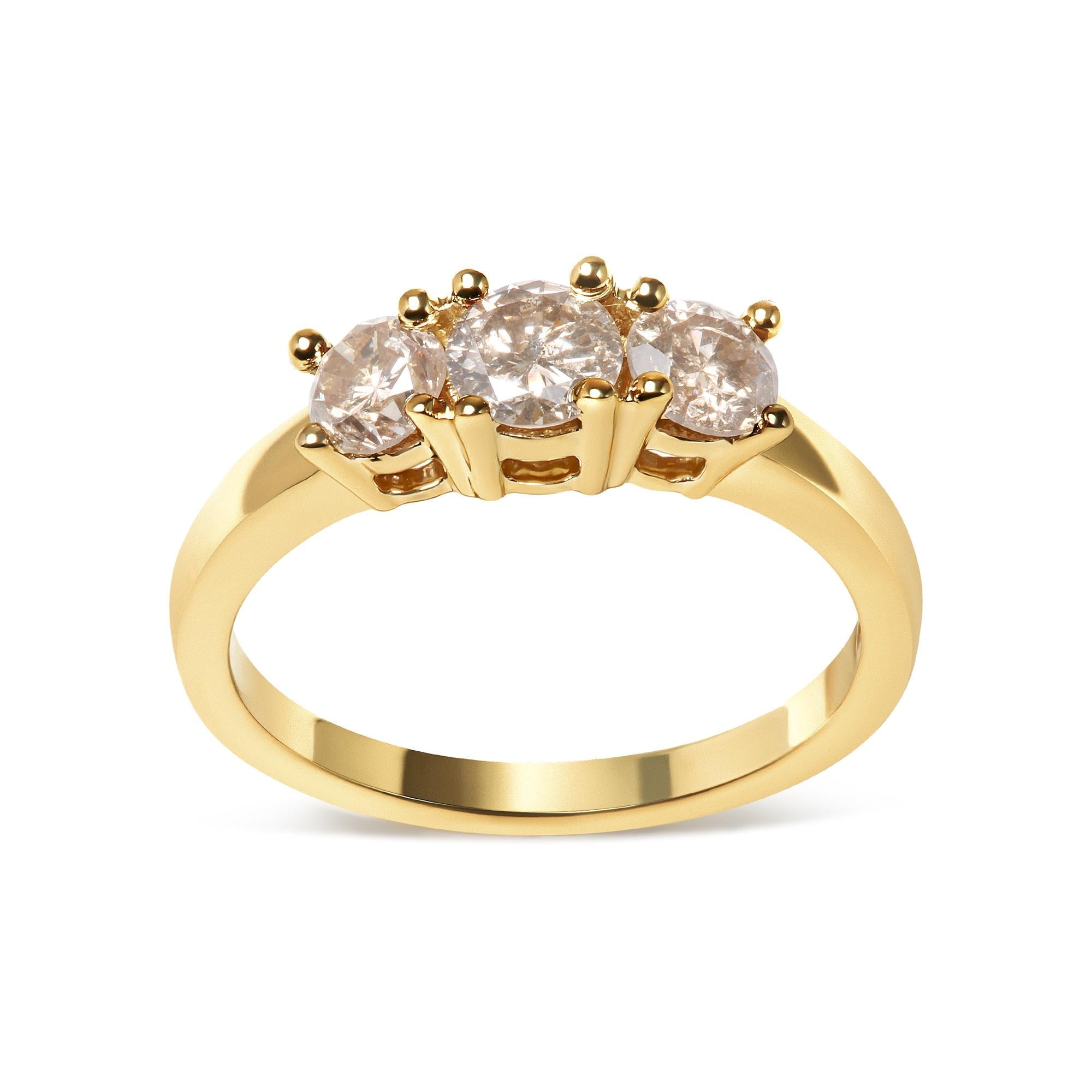 10K Yellow Gold 1.00 Cttw Champagne Diamond 3-Stone Band Ring (J-K Color, I1-I2 Clarity) - Friggin Jewelry
