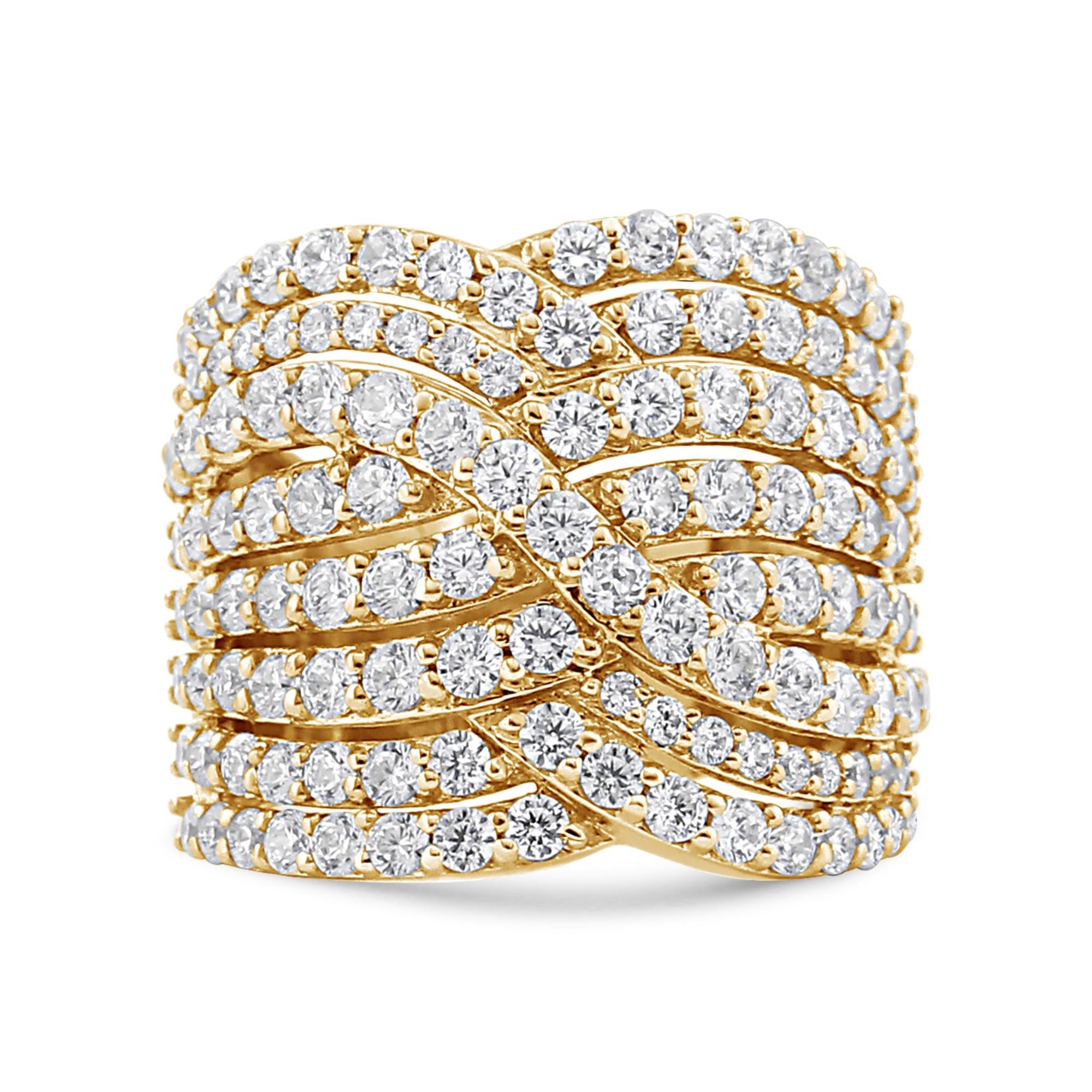 10K Yellow Gold 3.0 Cttw Diamond Eight-Row Bypass Crossover Statement Band Ring (H-I Color, I2-I3 Clarity) - Friggin Jewelry Premium