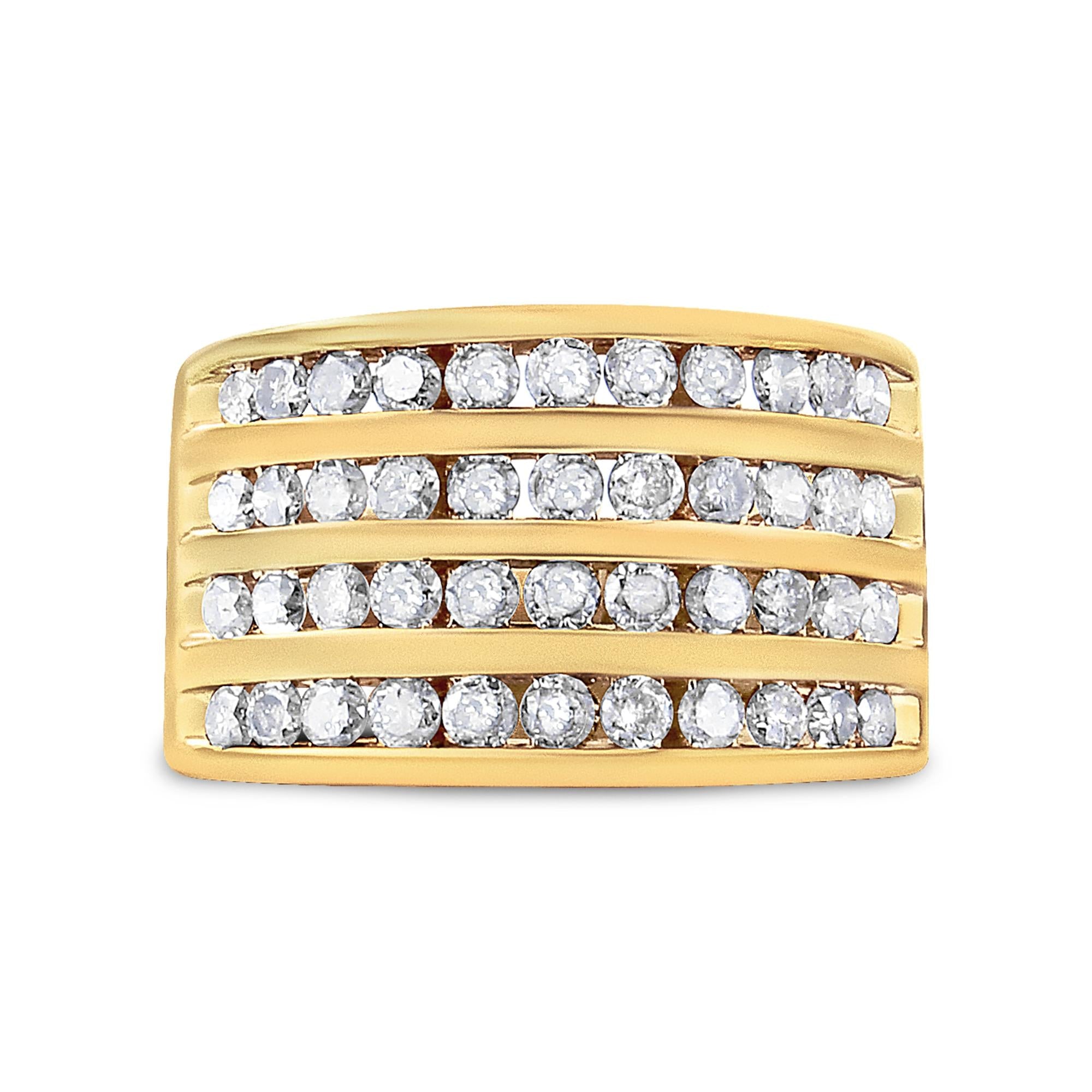 Anillo de banda de canal de cuatro filas de diamantes de 1 1/2 ct con baño de oro amarillo de 10 quilates y plata esterlina 925 (color champán, claridad I2-I3) - Friggin Jewelry