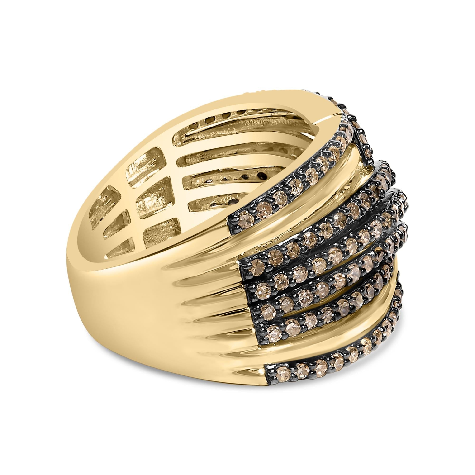 10K Yellow Gold Plated .925 Sterling Silver 1.0 Cttw Champagne Diamond Multi Row Cross Over Band Ring - Friggin Jewelry
