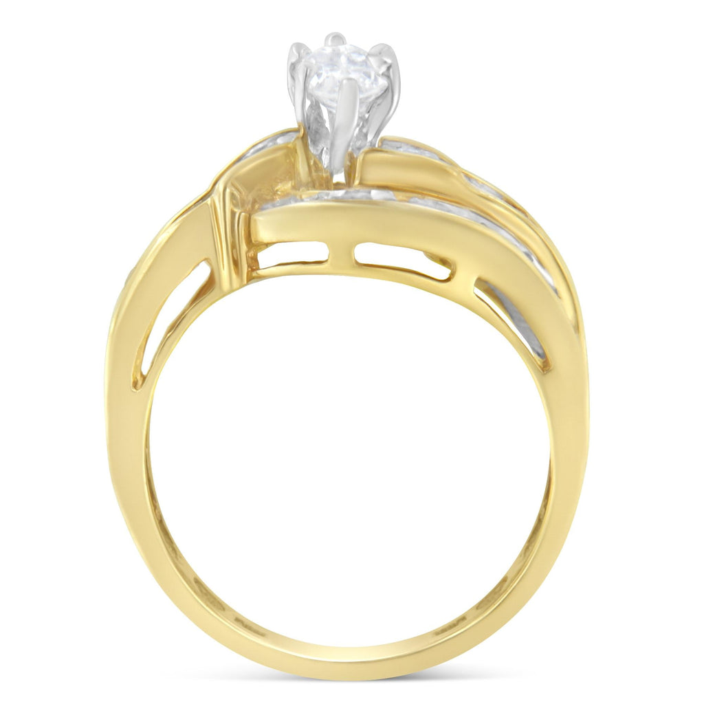 14KT Two-Toned Gold Marquise, Baguette and Round Cut Diamond Bypass Ring (1 cttw, H-I Color, SI1-SI2 Clarity) - Friggin Jewelry