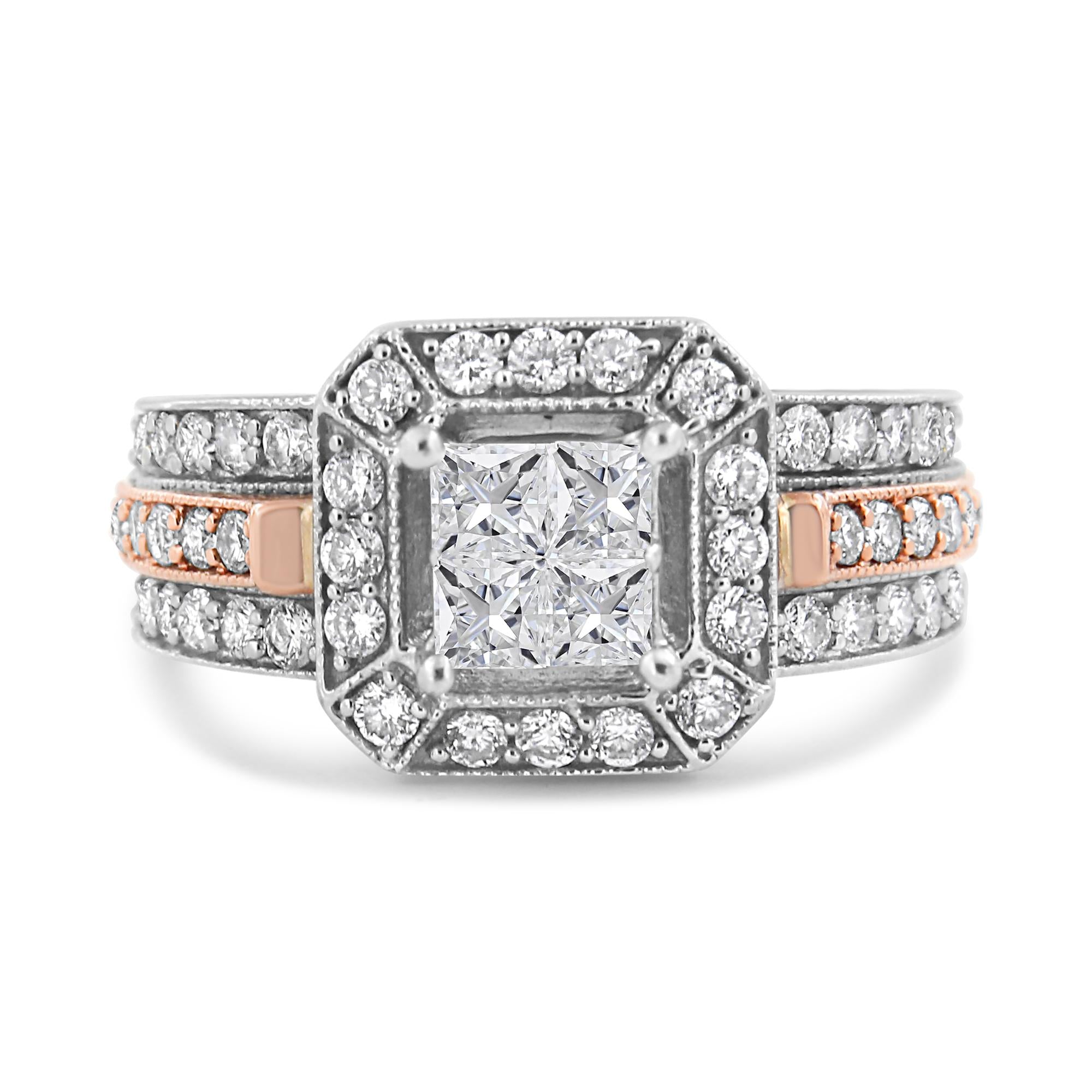 14K White and Rose Gold 1 1/8 Cttw Princess and Round-Cut Diamond Art Deco Style Triple Shank Halo Cocktail Ring (I-J Color, SI2-I1 Clarity) - Friggin Jewelry Premium