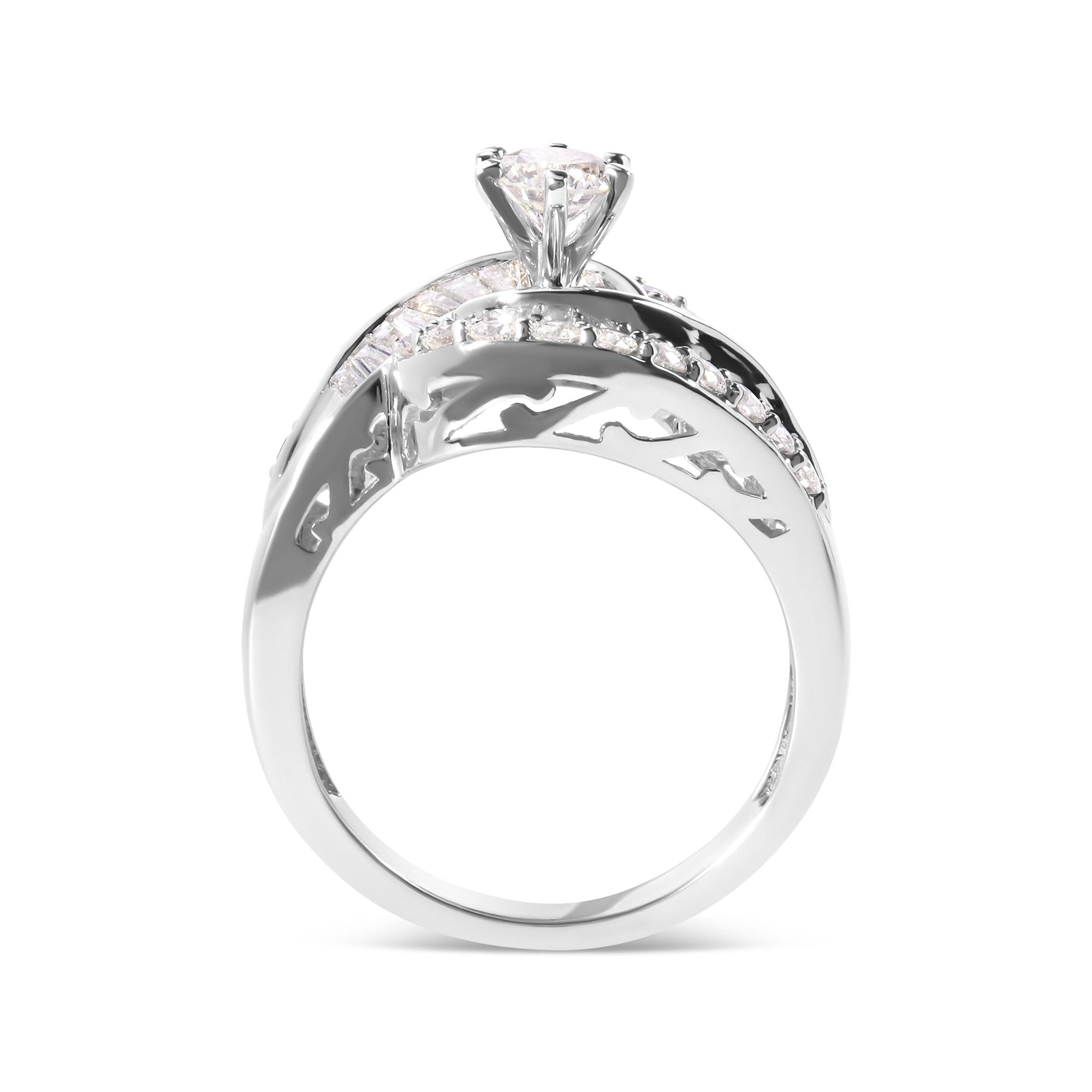 14K White Gold 1.00 Cttw Round and Baguette cut Diamond Swirl Cocktail Ring (H-I Color, SI2-I1 Clarity) - Friggin Jewelry