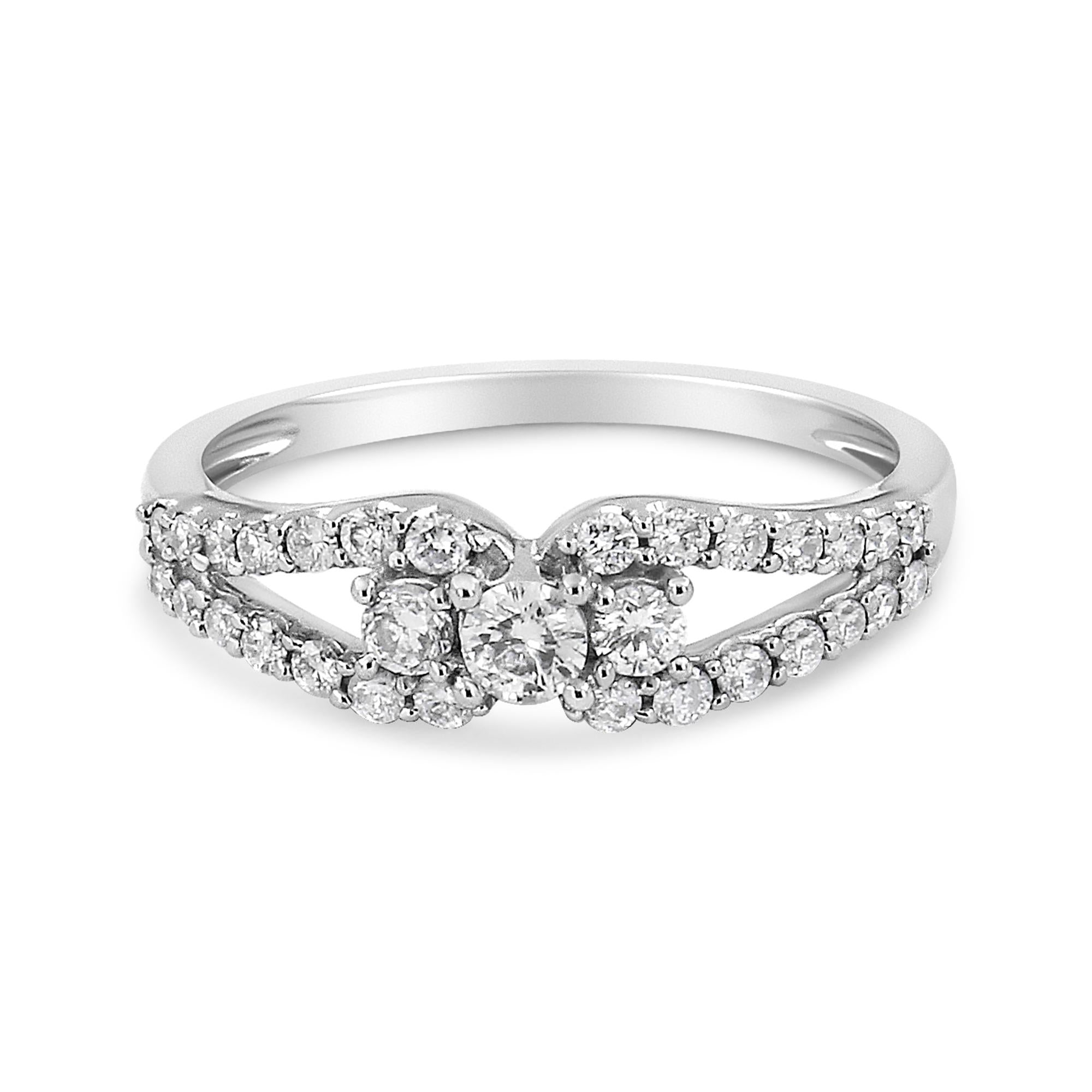 10K White Gold 1/2 Cttw Round Cut Diamond Three Stone Split Shank Band Ring (H-I Color, SI1-SI2 Clarity) - Friggin Jewelry