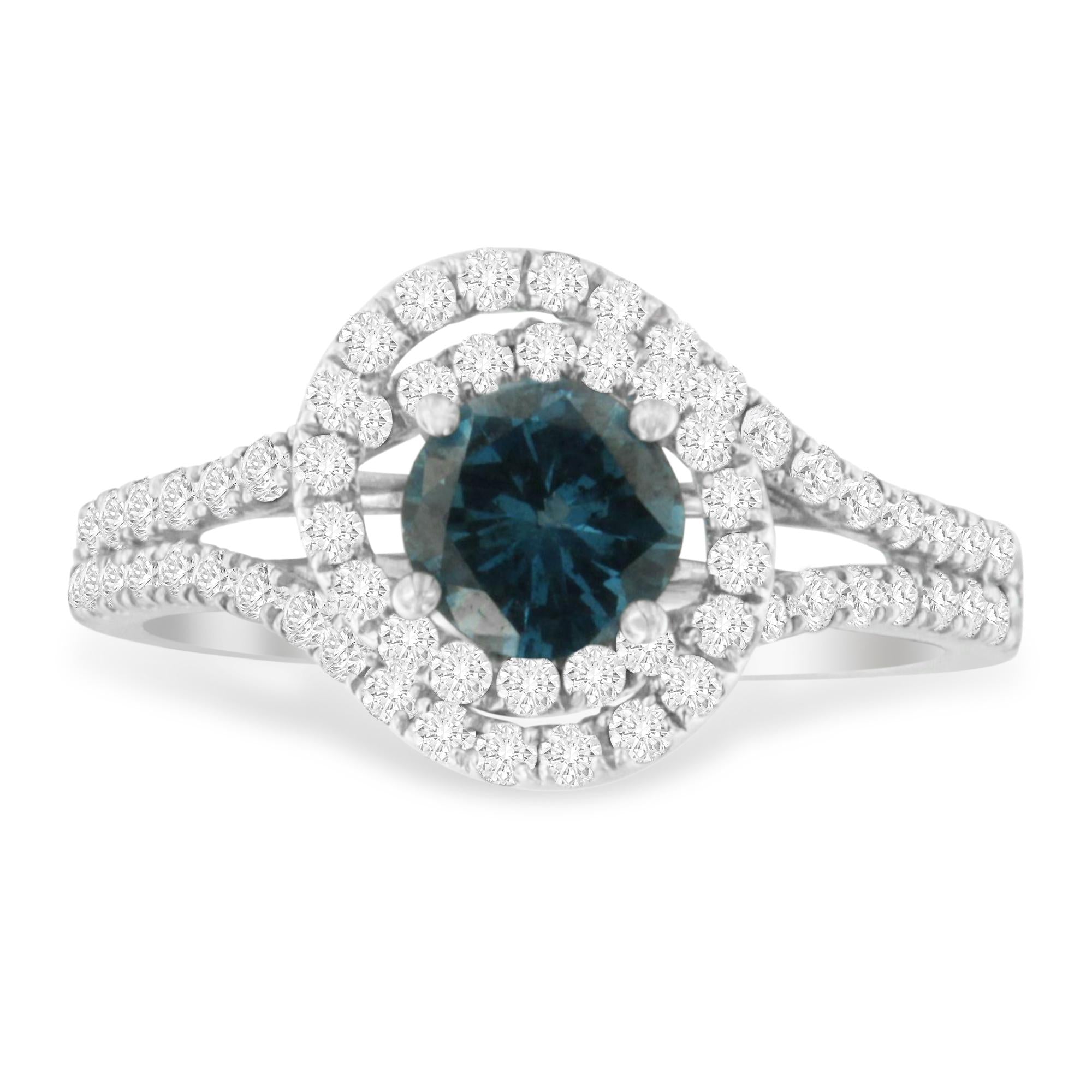 14K White Gold 1-1/3 Cttw White & Blue Diamond Interweaving Double Halo Cocktail Statement Ring (G-H and Fancy Blue Color, SI2-I1 Clarity) - Friggin Jewelry