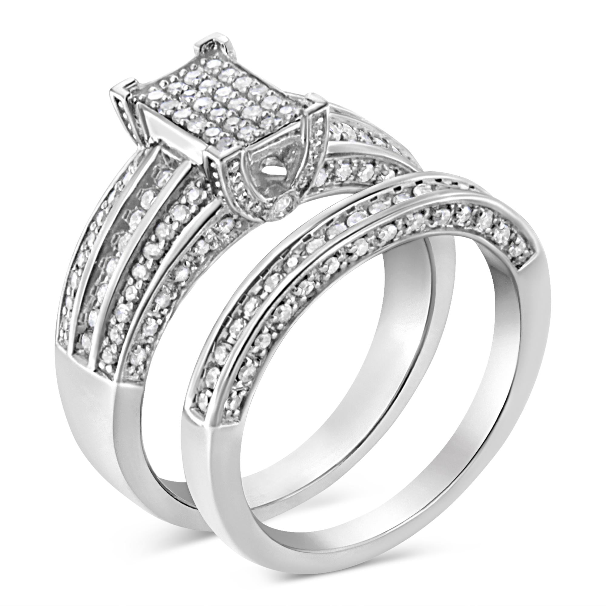 Anillo de compromiso y banda de diamantes redondos engastados en garras de 3/4 quilates en plata de ley 925 (color IJ, claridad I3) - Friggin Jewelry