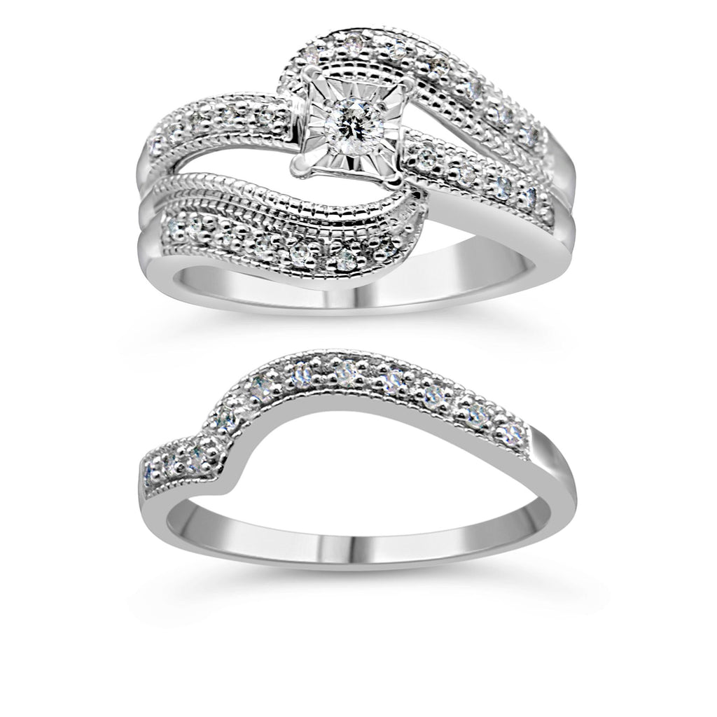 .925 Sterling Silver 1/3 Cttw Round Diamond Crisscross Engagement Ring Bridal Set (H-I Color, I1-I2 Clarity ) - Friggin Jewelry
