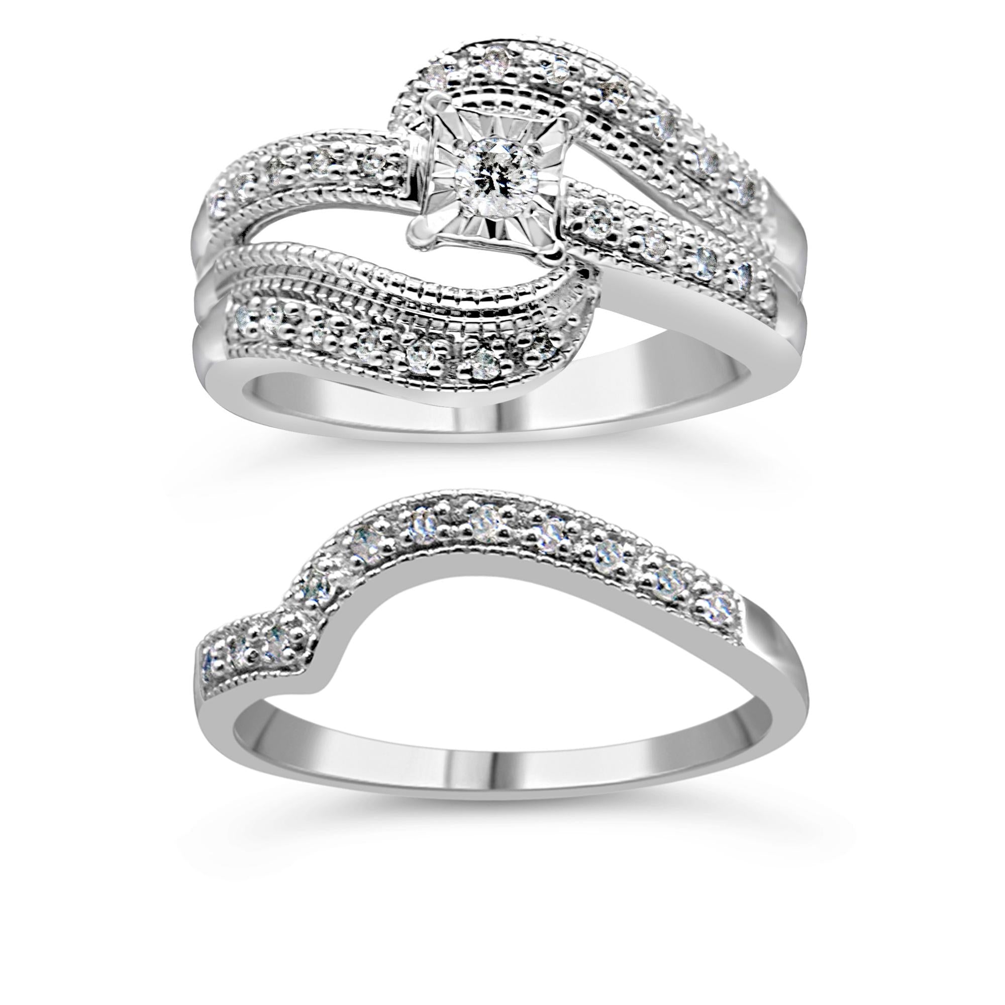 .925 Sterling Silver 1/3 Cttw Round Diamond Crisscross Engagement Ring Bridal Set (H-I Color, I1-I2 Clarity ) - Friggin Jewelry