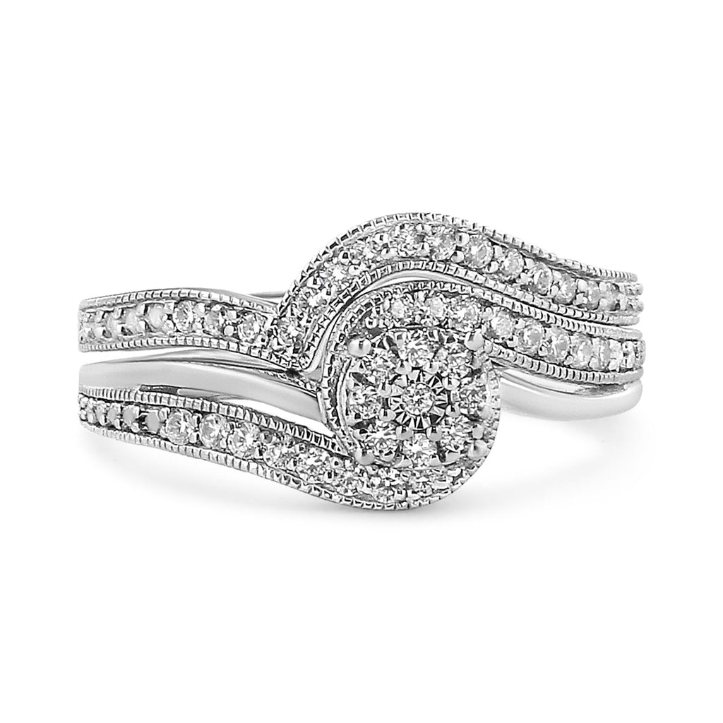 .925 Sterling Silver 1/3ct Cttw Multi-Diamond Bypass Vintage-Style Bridal Set Ring and Band (I-J Color, I3 Clarity) - Friggin Jewelry
