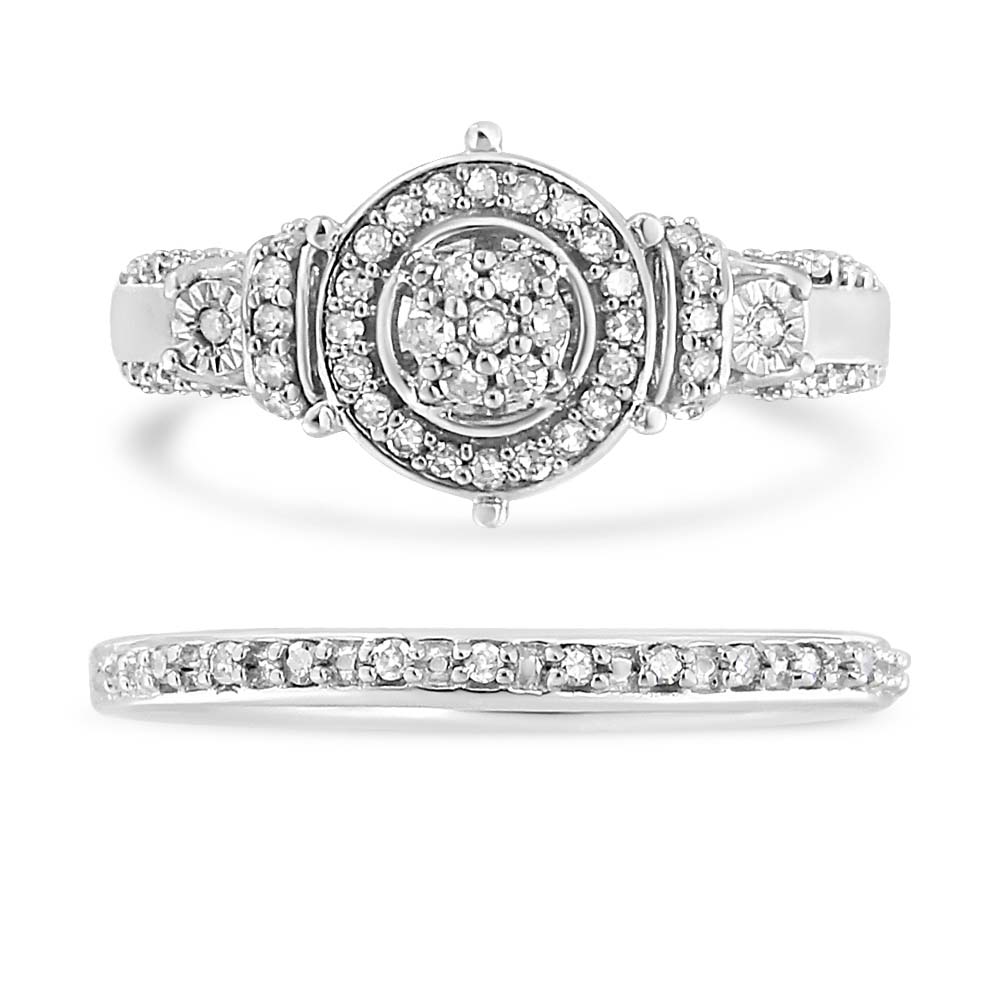 .925 Sterling Silver 1/3 Cttw Diamond 7 Stone Cluster and Halo Engagement Ring and Wedding Band Set (I-J Color, I1-I2 Clarity) - Friggin Jewelry
