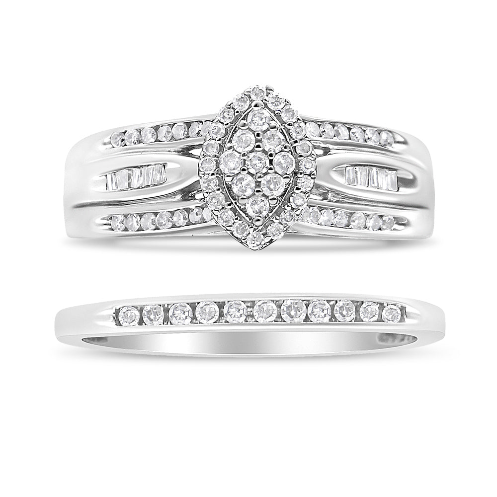 Conjunto de compromiso nupcial con diamantes de talla baguette y redondos de 1/2 quilates en plata de ley 925 (color IJ, claridad I1-I2) - Friggin Jewelry