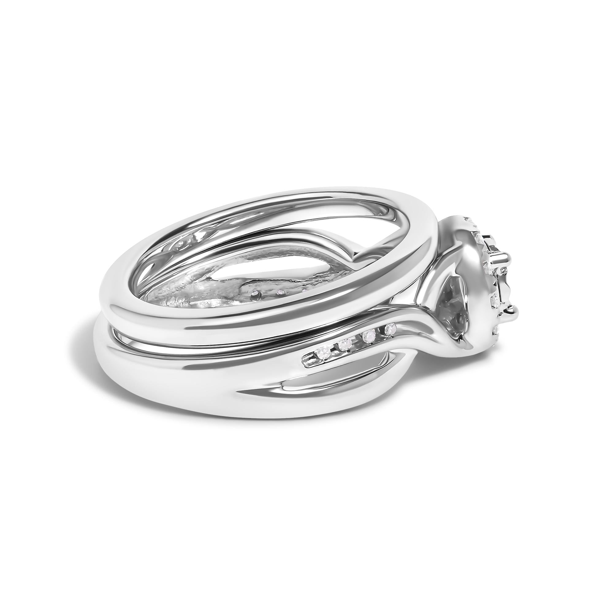 .925 Sterling Silver 1/7 Cttw Diamond Halo Bypass Engagement Ring and Wedding Band Set (I-J Color, I3 Clarity) - Friggin Jewelry