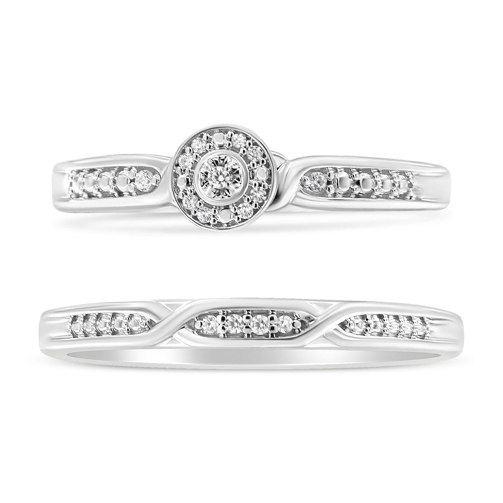 Anillo y alianza nupcial de plata de ley 925 con marco con detalles de diamantes y vástago retorcido (color IJ, claridad I3) - Friggin Jewelry
