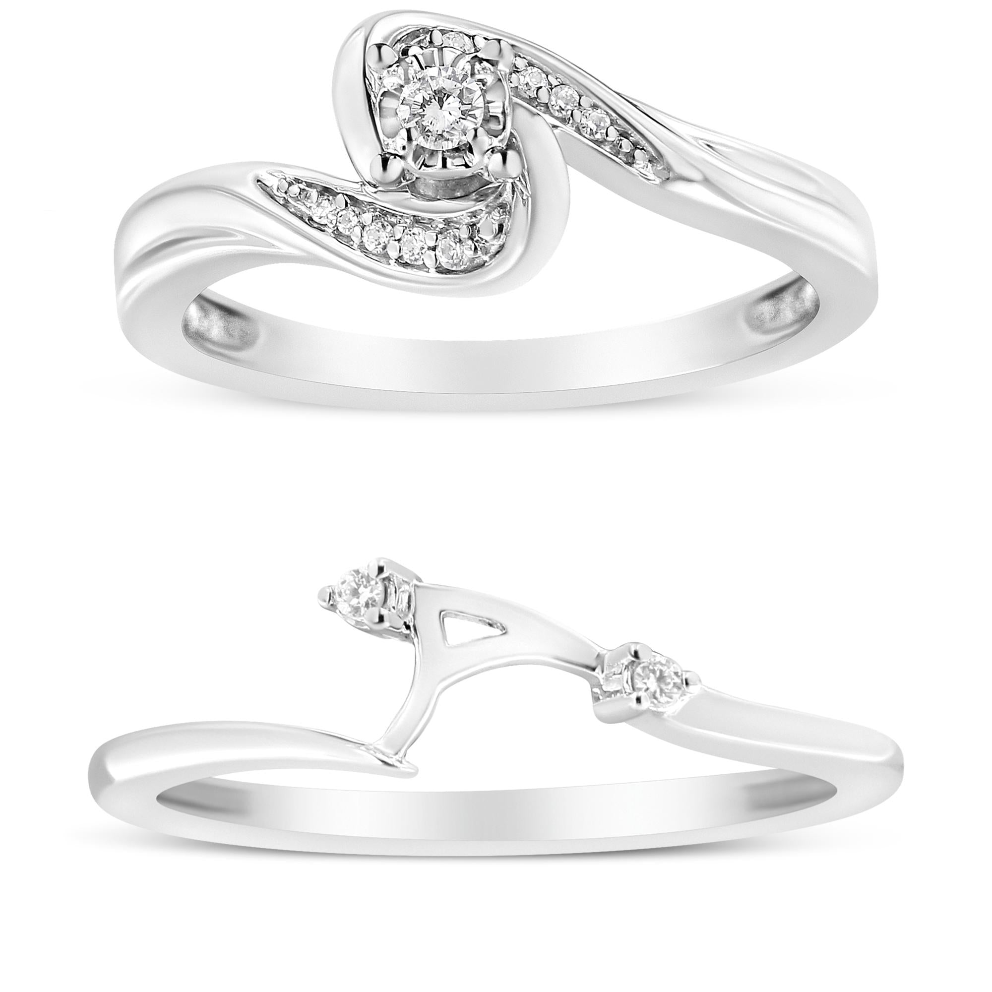 .925 Sterling Silver 1/10 Cttw Diamond Swirl and Bypass Bridal Set Ring and Band (I-J Color, I3 Clarity) - Friggin Jewelry
