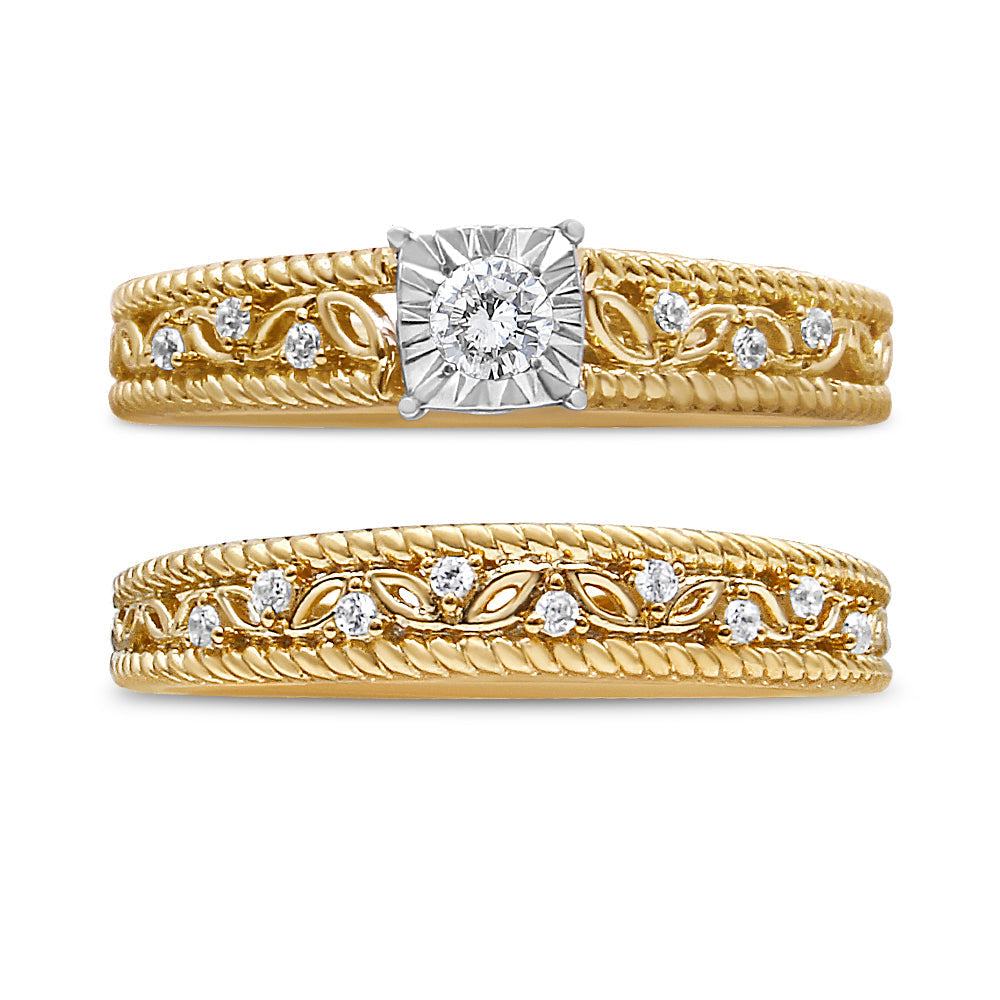 14K Yellow Gold Plated .925 Sterling Silver 1/5 Cttw Diamond Art Deco Style Engagement Ring Bridal Set (I-J Color, I3 Clarity) - Friggin Jewelry