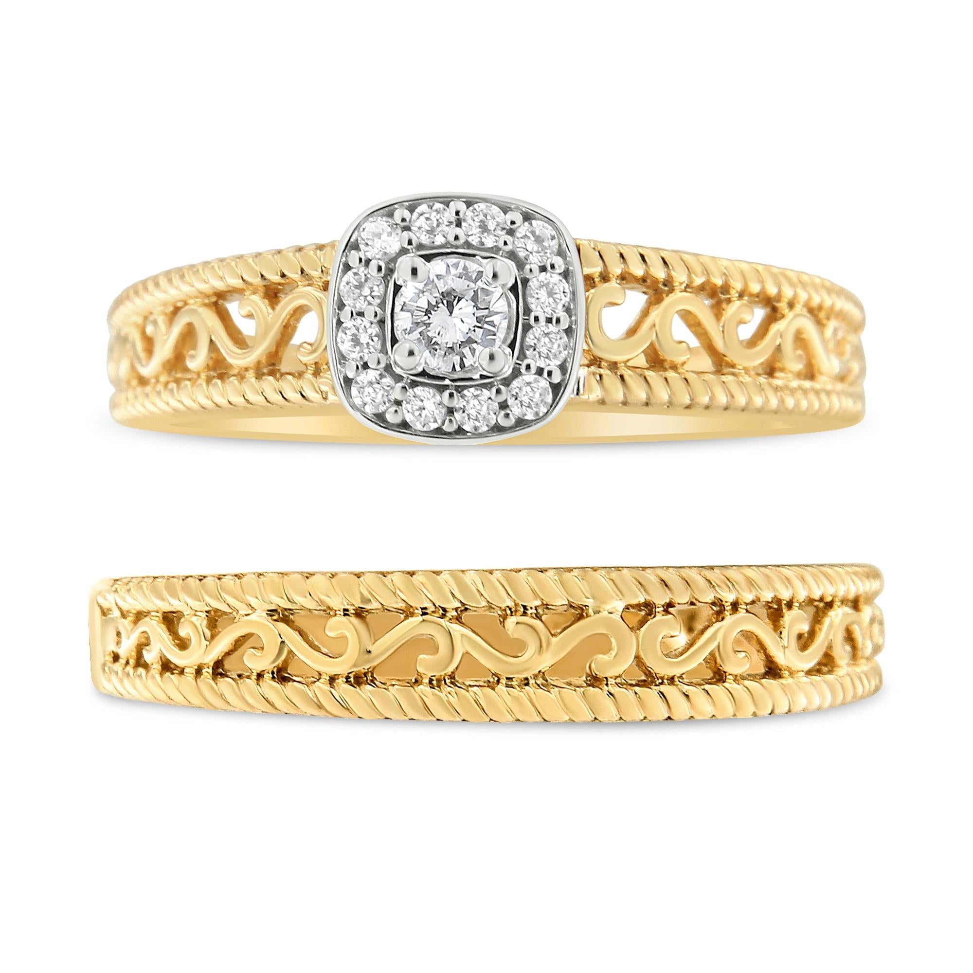 14K Yellow Gold Plated .925 Sterling Silver 1/5 Cttw Diamond Halo and Milgrain Finish Engagement Ring Bridal Set (I-J Color I3 Clarity) - Friggin Jewelry