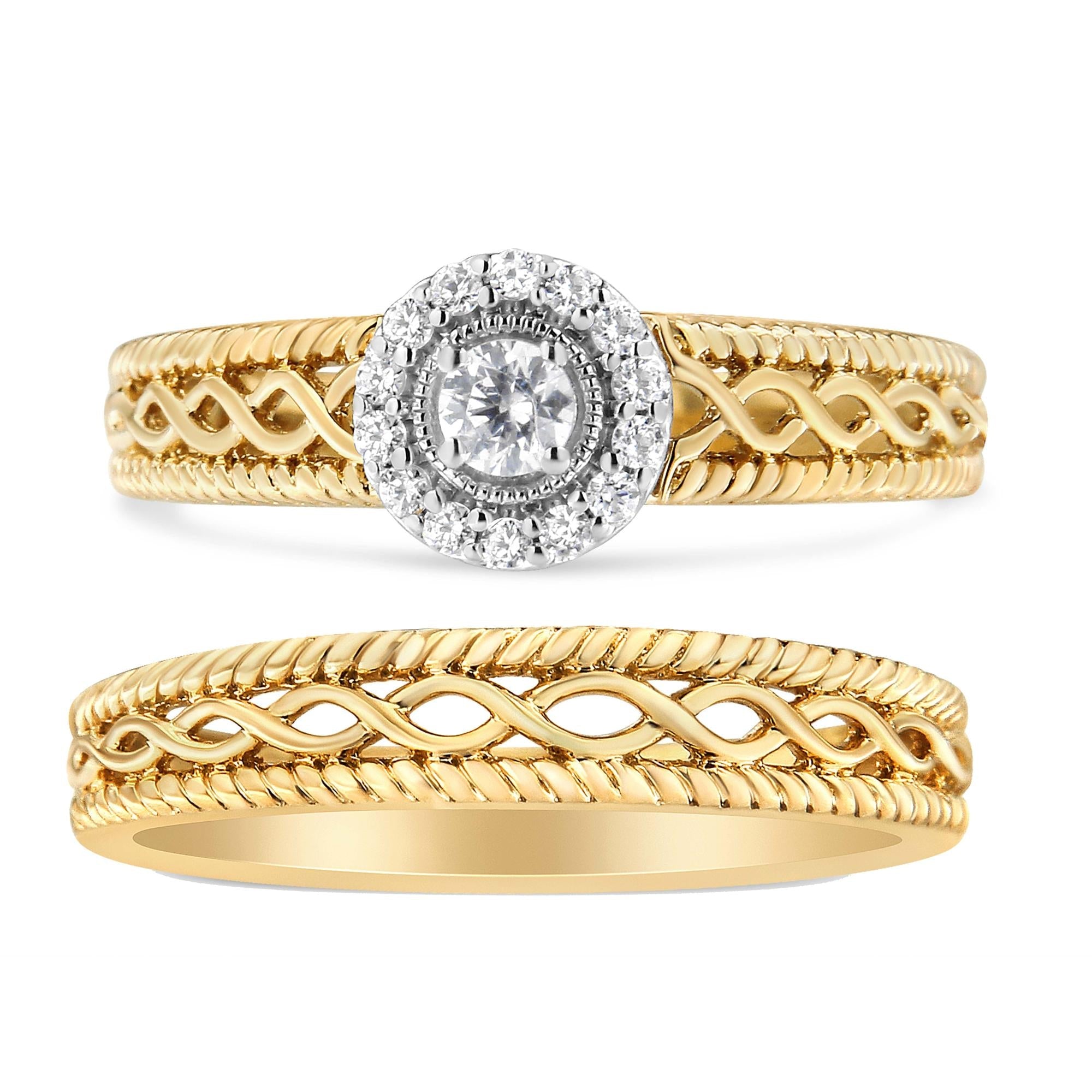 14K Yellow Gold Plated .925 Sterling Silver 1/5 Cttw Diamond Halo Engagement Ring and Wedding Band Set (I-J Color, I3 Clarity) - Friggin Jewelry