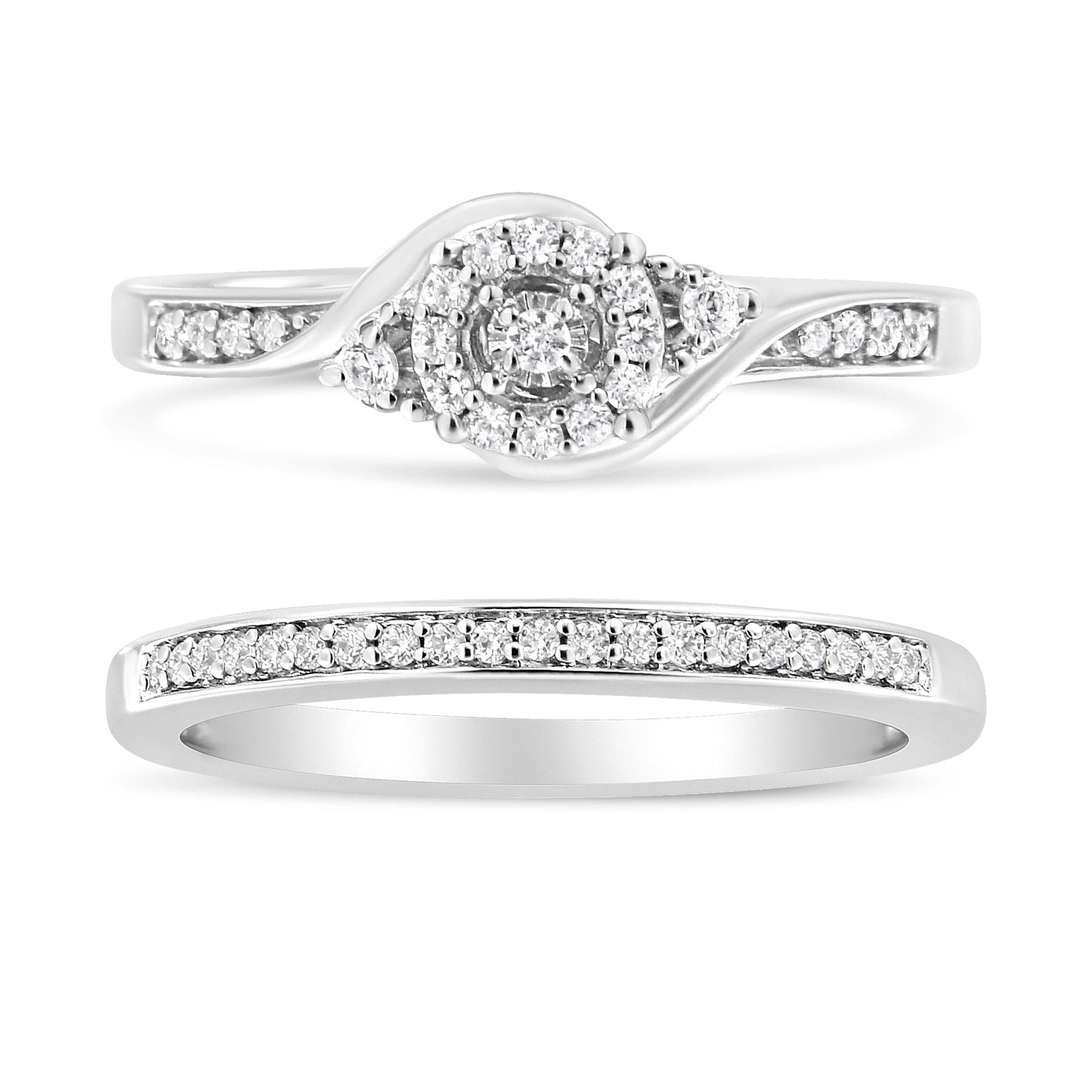 Anillo de compromiso y alianza de boda en plata de ley 925 con halo de diamantes de 1/4 quilates y espiral (color IJ, claridad I3) - Friggin Jewelry