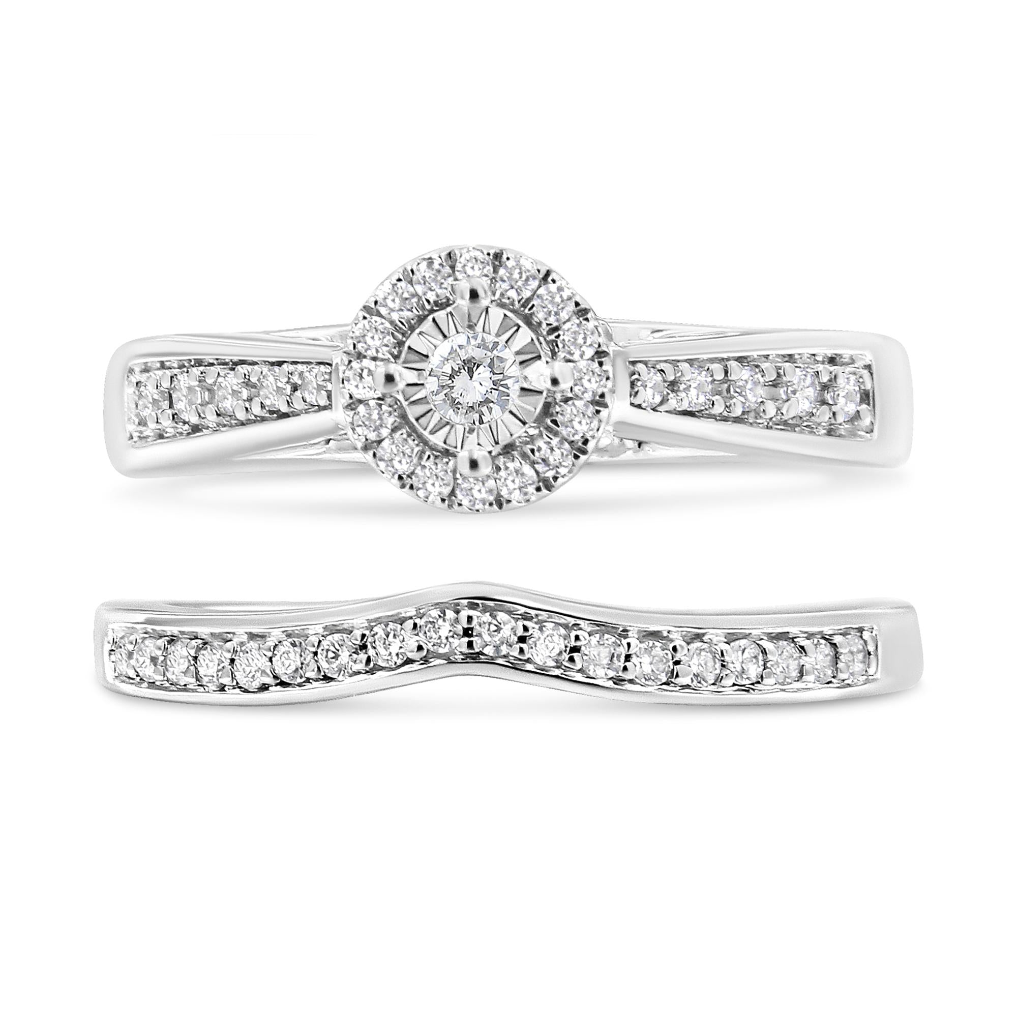 .925 Sterling Silver 1/3 Cttw Diamond Halo and Pave Shank Engagement Ring Set (I-J Color, I3 Clarity) - Friggin Jewelry