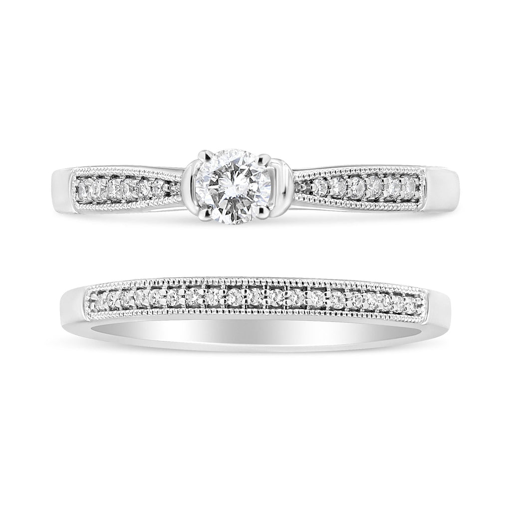 .925 Sterling Silver 1/3 Cttw Diamond Classic Engagement Ring Bridal Set with Milgrain (I-J Color, I3 Clarity) - Friggin Jewelry