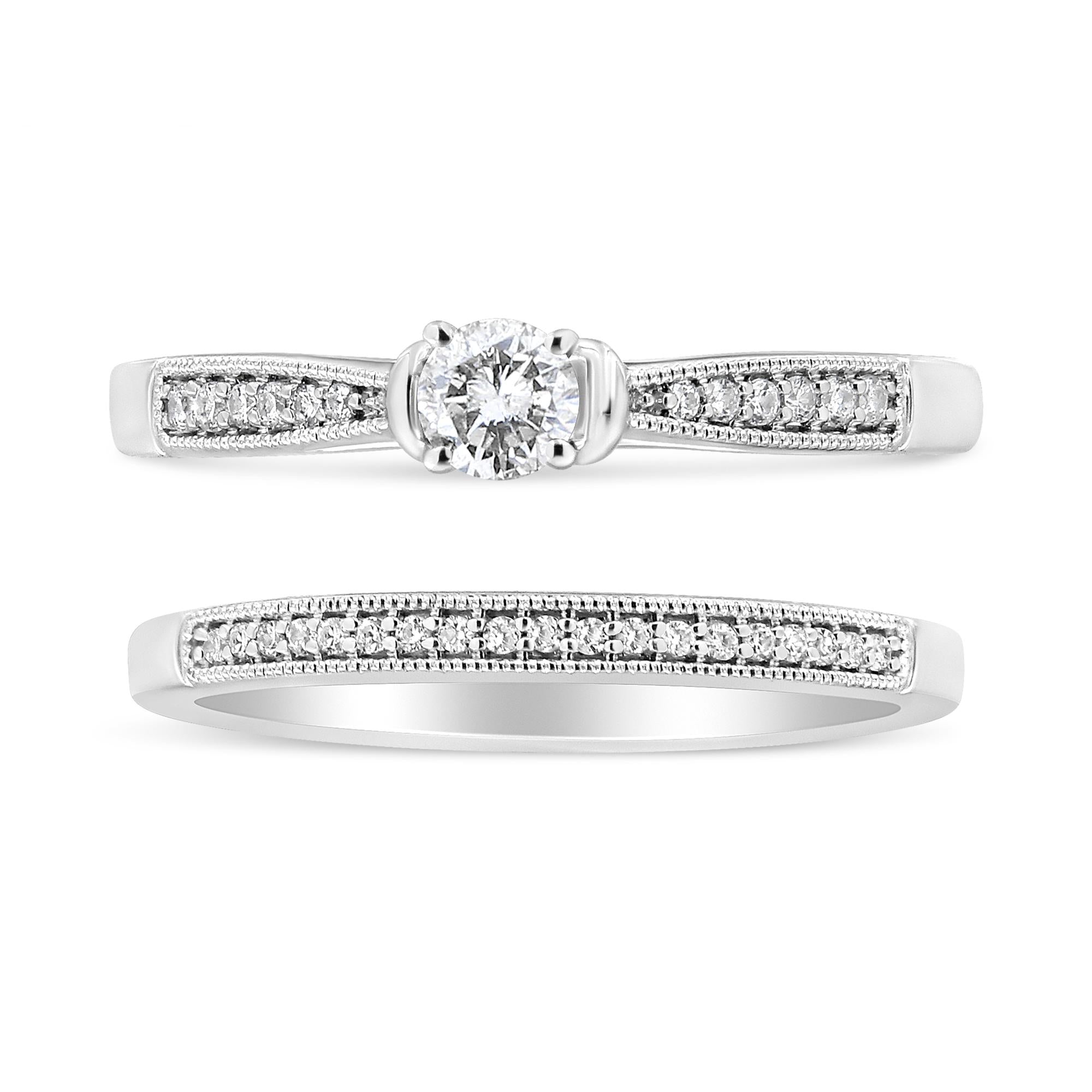 .925 Sterling Silver 1/3 Cttw Diamond Classic Engagement Ring Bridal Set with Milgrain (I-J Color, I3 Clarity) - Friggin Jewelry
