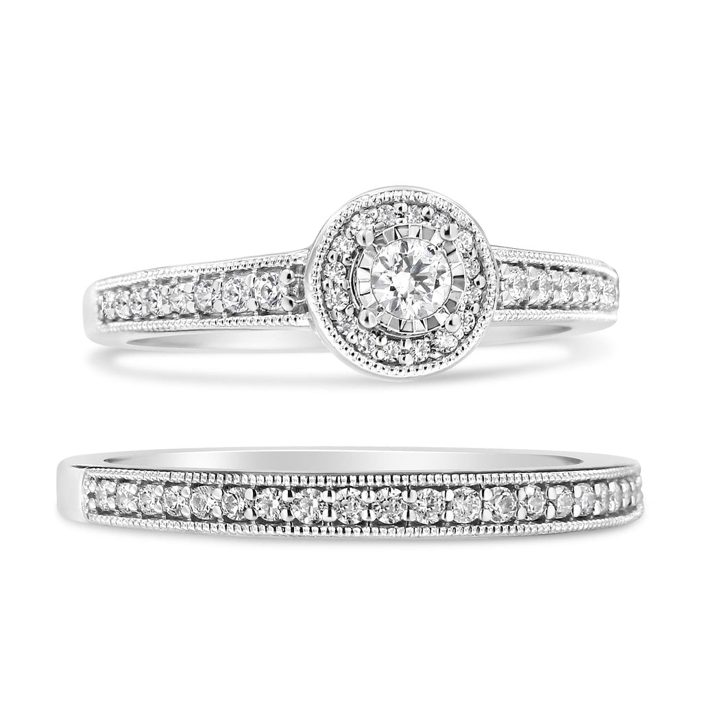 .925 Sterling Silver 1/2 Ctw Diamond Halo and Milgrain Engagement Ring Bridal Set (I-J Color, I3 Clarity) - Friggin Jewelry