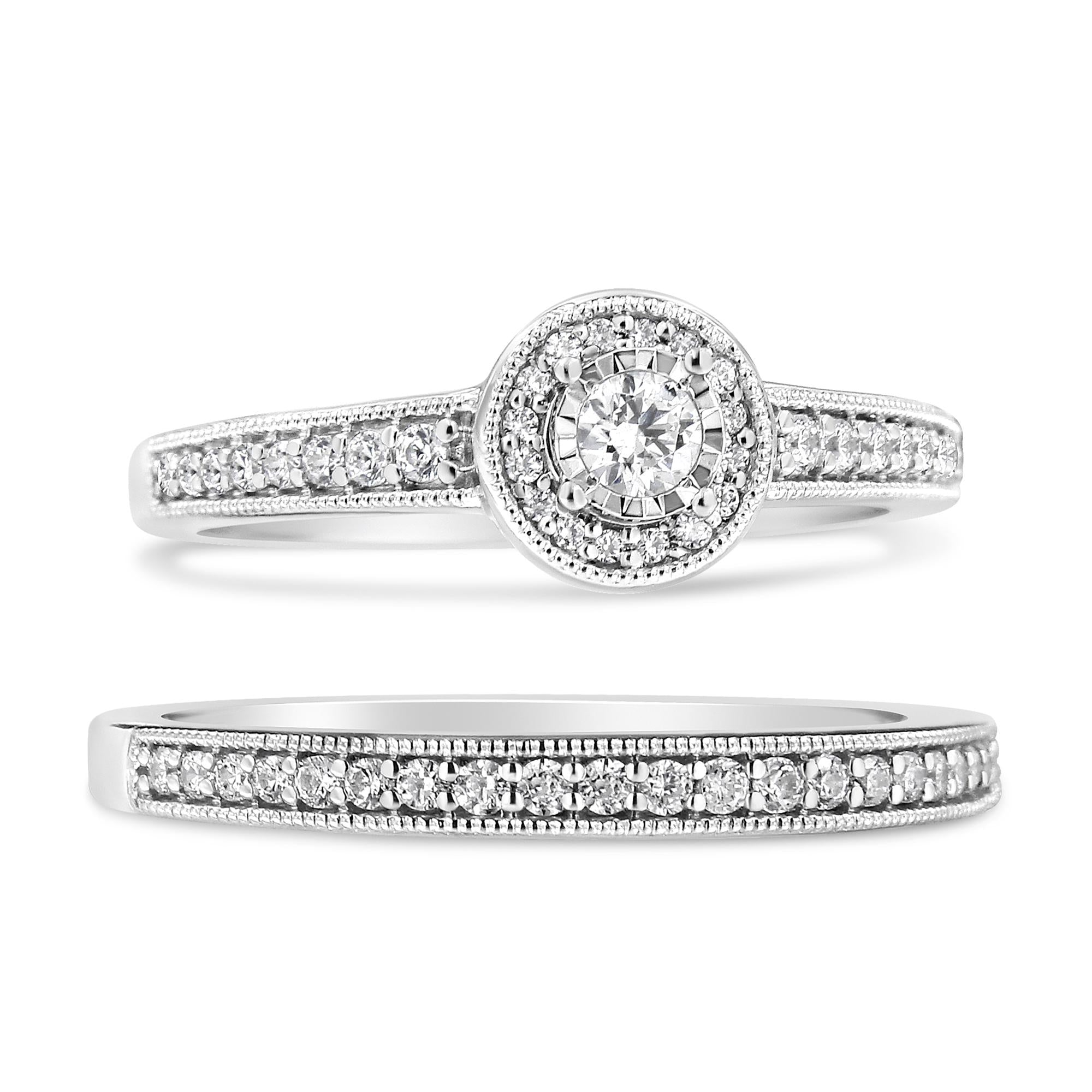 .925 Sterling Silver 1/2 Ctw Diamond Halo and Milgrain Engagement Ring Bridal Set (I-J Color, I3 Clarity) - Friggin Jewelry