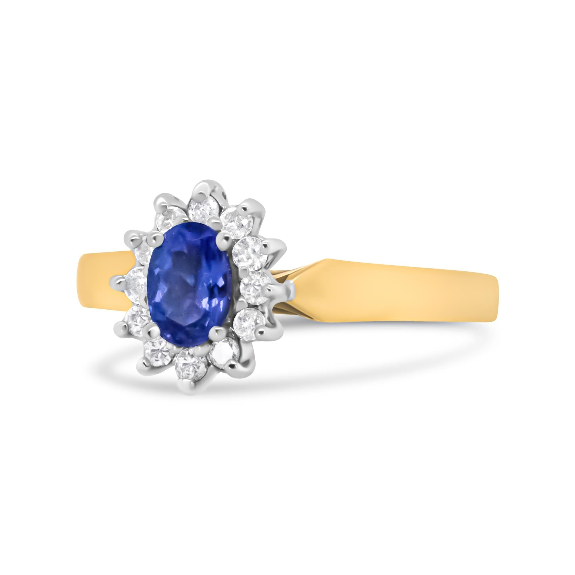 14K Yellow Gold 1/5 Cttw Round Diamond and 6x4mm Oval Blue Tanzanite Halo Ring (H-I Color, I1-I2 Clarity) - Friggin Jewelry