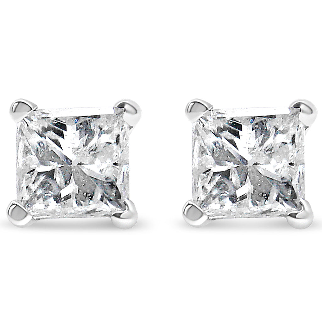 AGS Certified Princess-Cut Square Diamond 4-Prong Solitaire Stud Earrings in 14K Gold (J-K Color, I1-I2 Clarity) - Friggin Jewelry Premium