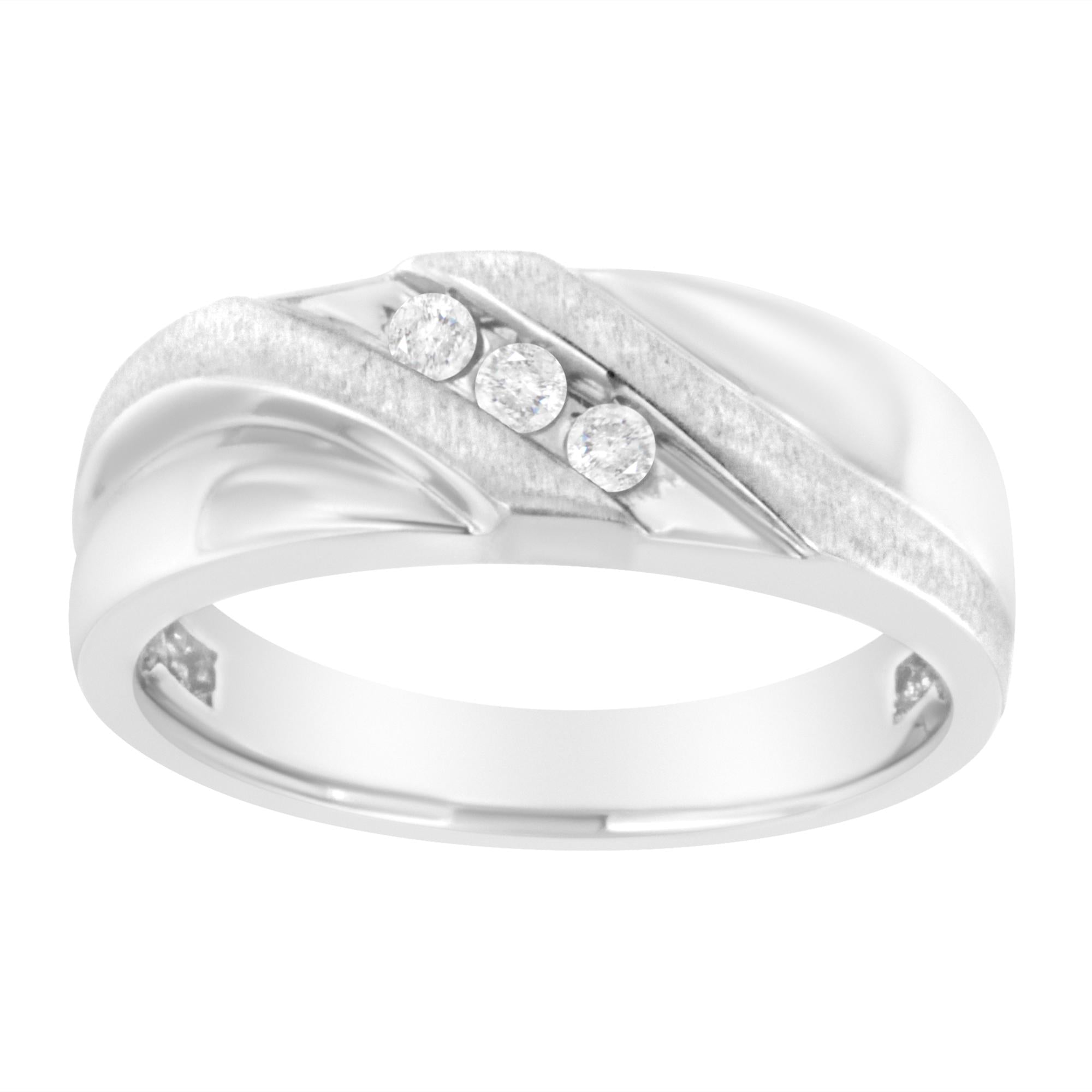 10K White Gold 1/10 Cttw Diamond Men's Three Stone Channel Set Diamond Wedding Ring (I-J Color, I1-I2 Clarity) - Friggin Jewelry
