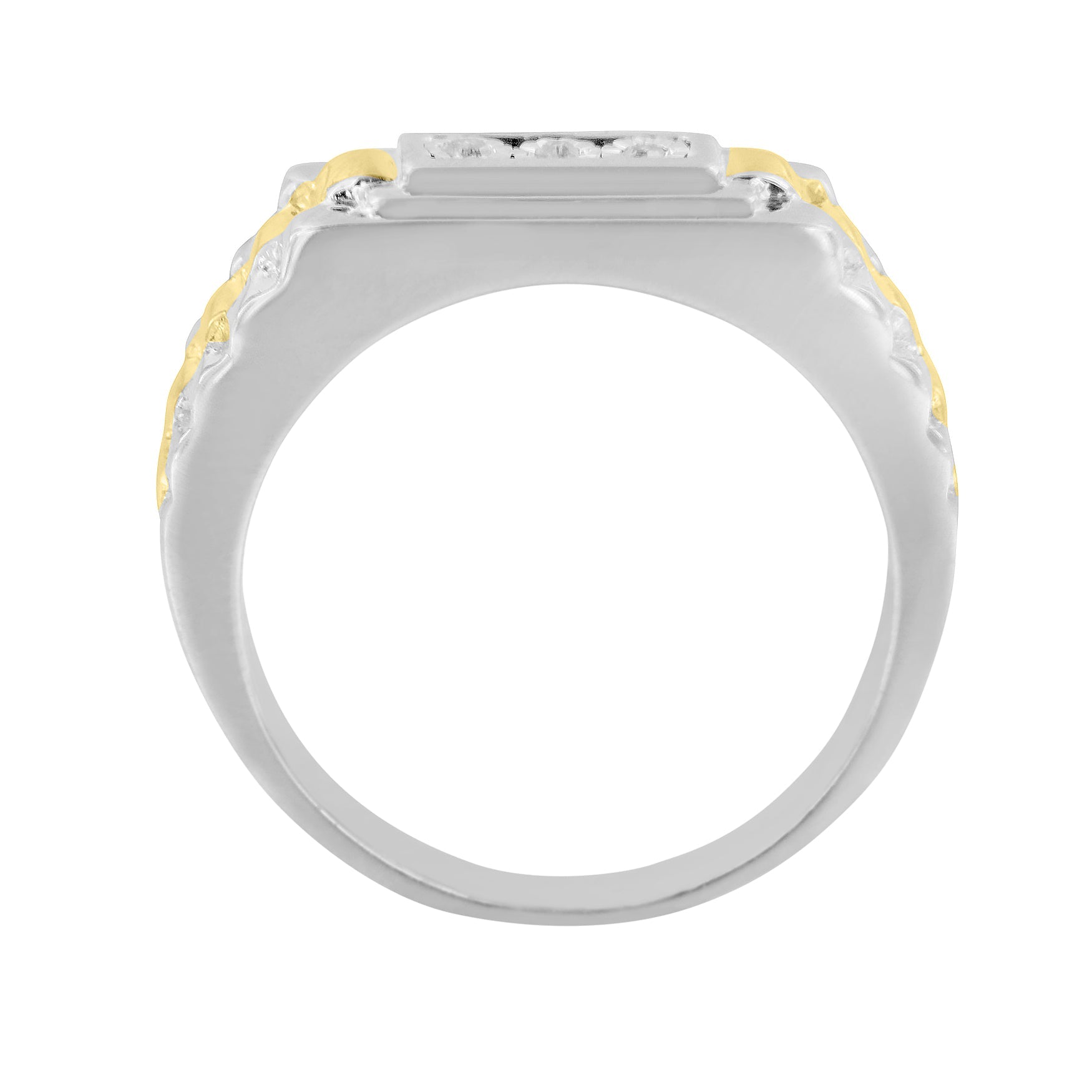 10K Yellow Gold Plated .925 Sterling Silver Diamond Accent Miracle-Set 3 Stone Ridged Band Gentlemen's Fashion Ring (I-J Color, I2-I3 Clarity) - Friggin Jewelry