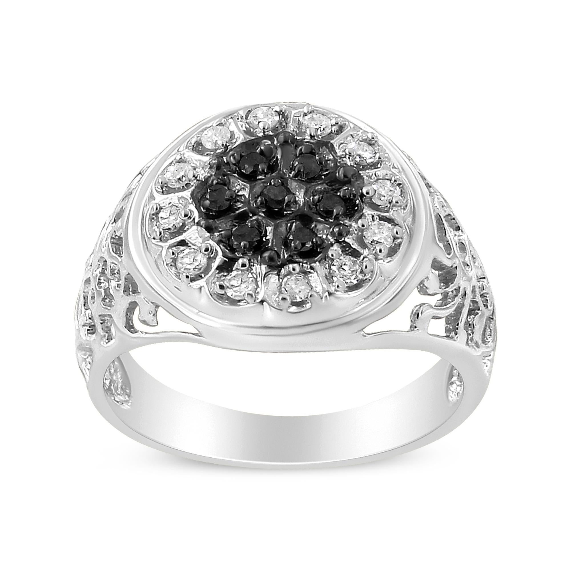 .925 Sterling Silver 1/4 Cttw White and Black Treated Diamond Halo Cluster Ring for Men (I-J Color, I3 Clarity) - Friggin Jewelry