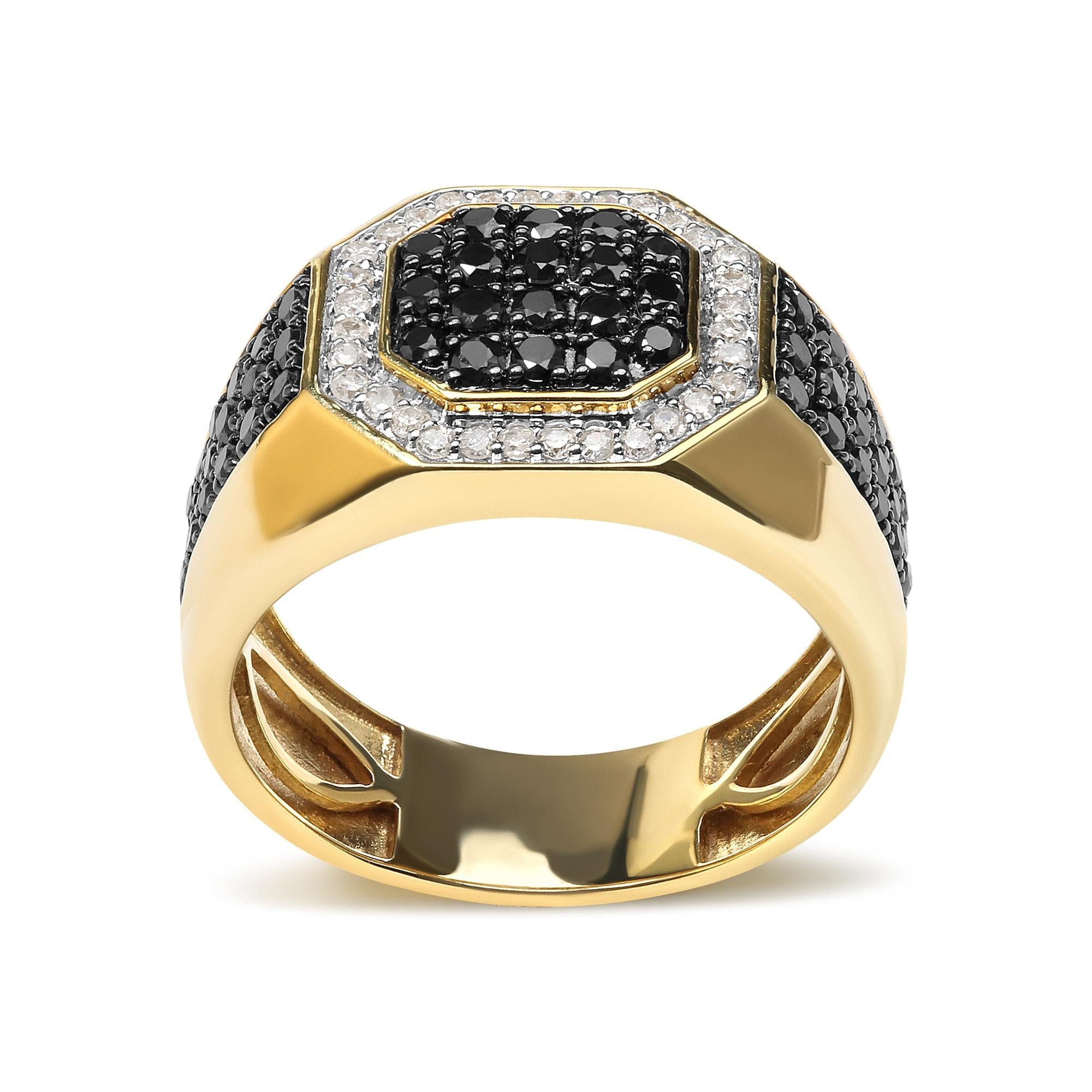 Men's 10K Yellow Gold 1 1/4 Cttw White and Treated Black Diamond Octagonal Halo Band Ring (I-J Color, I2-I3 Clarity) - Friggin Jewelry