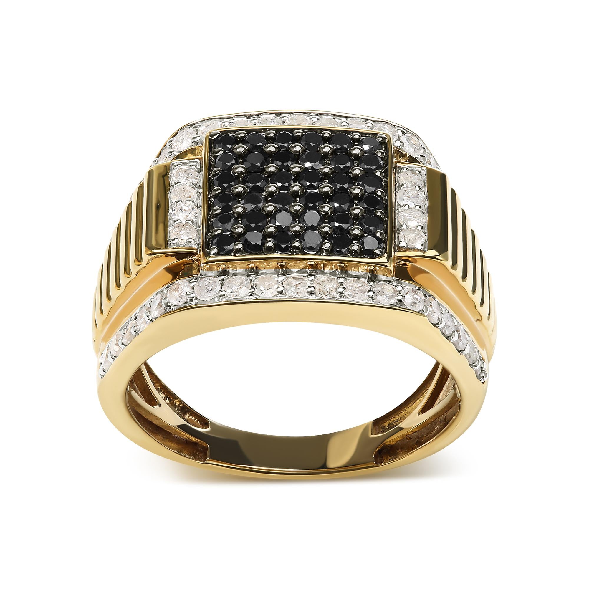 Men's 14K Yellow Gold Plated .925 Sterling Silver 1 1/2 Cttw White and Black Treated Diamond Cluster Ring (Black / I-J Color, I2-I3 Clarity) - Friggin Jewelry