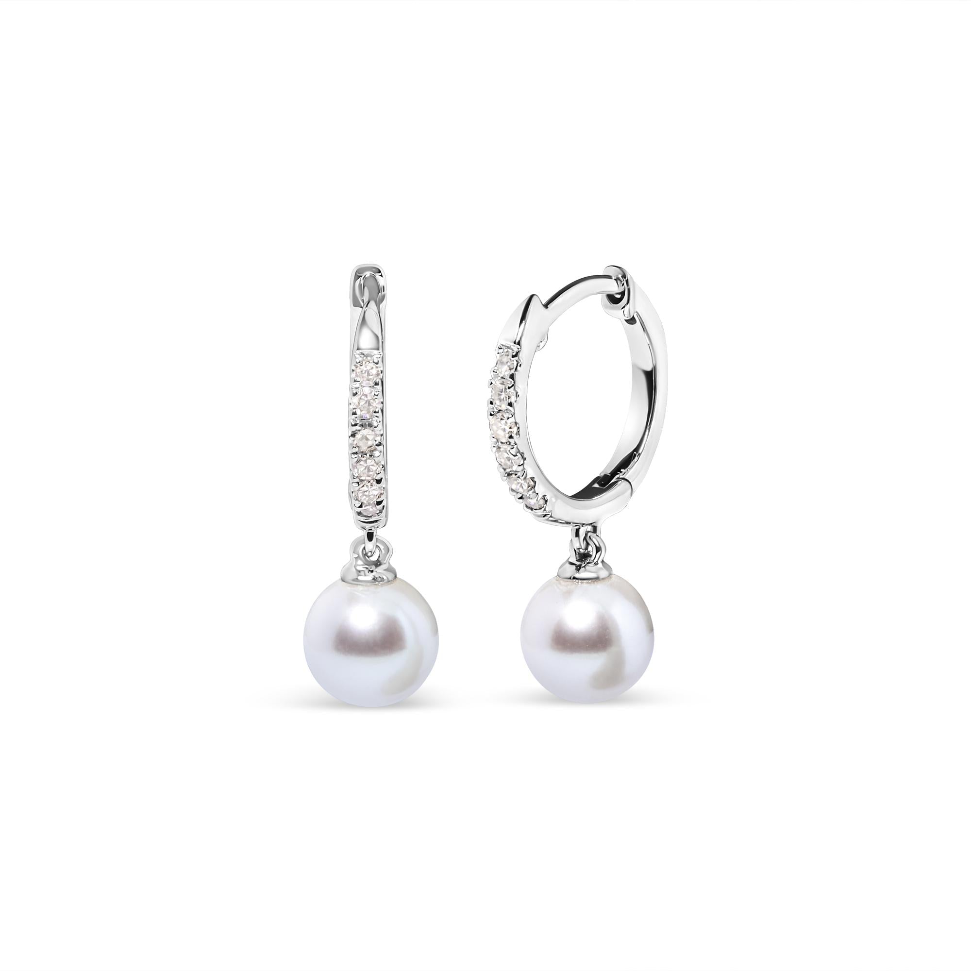 10K White Gold 6x6 MM Cultured Freshwater Pearl and Diamond Accent Drop Huggy Earring (H-I Color, I1-I2 Clarity) - Friggin Jewelry
