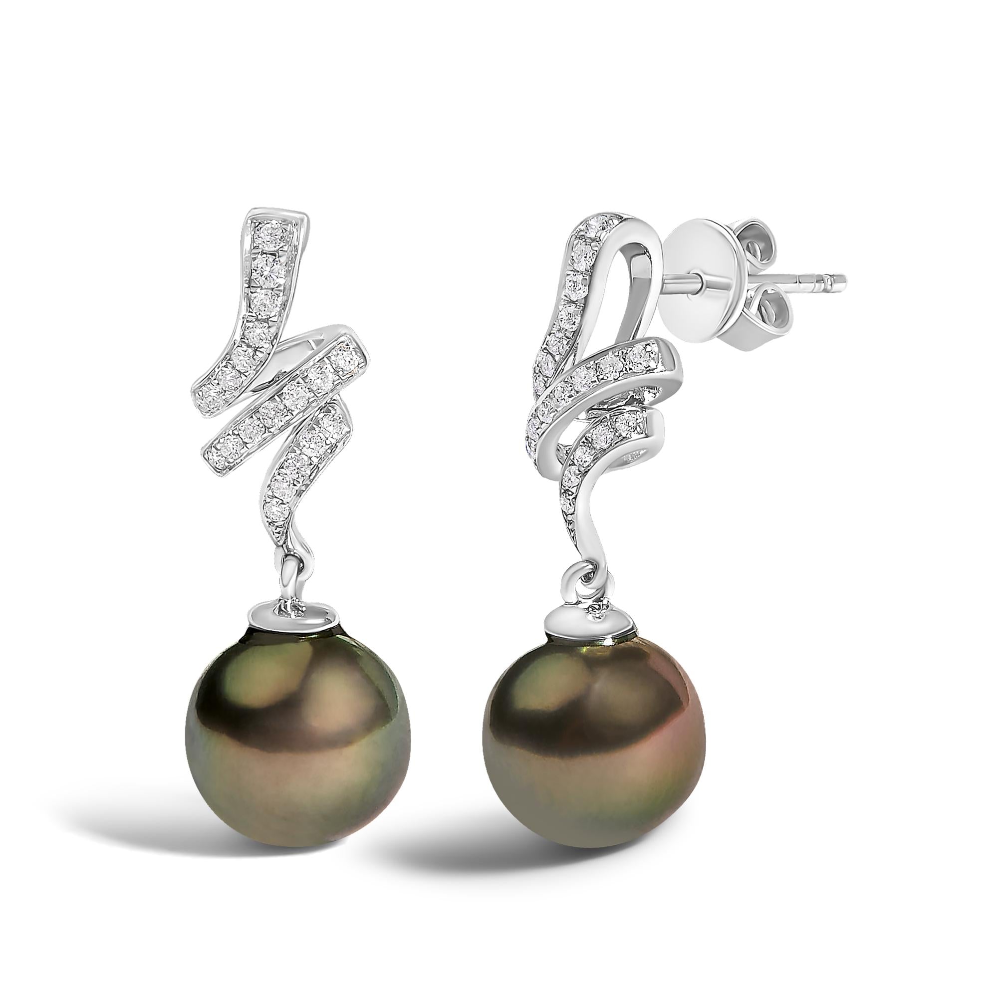 14K White Gold 9MM Cultured Black Pearl and Diamond Accent Drop and Dangle Earrings (I-J Color, SI1-SI2 Clarity) - Friggin Jewelry