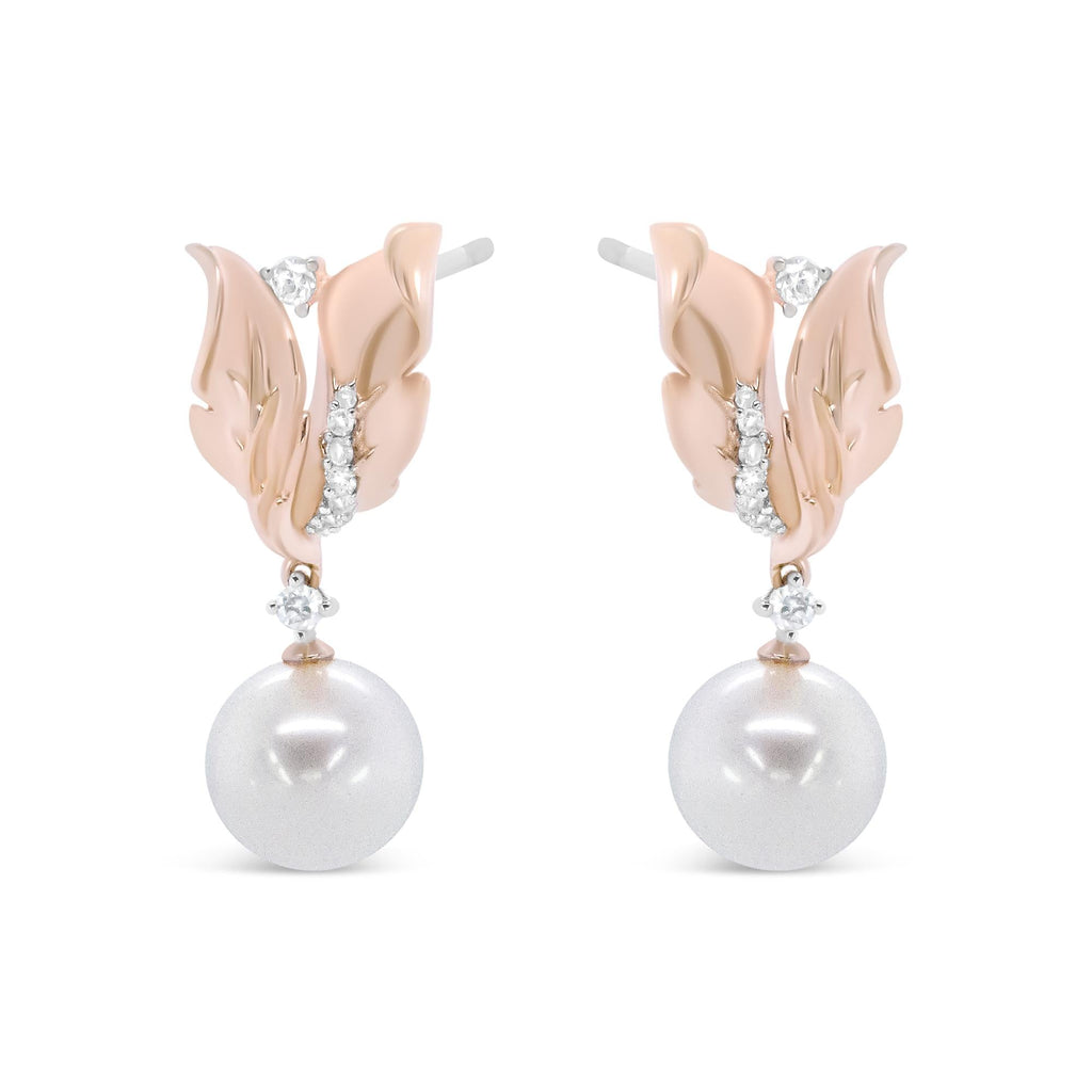 14K Rose Gold 1/6 Cttw Round Diamond and 8mm Round Pearl Floral Drop Stud Earrings (H-I Color, I1-I2 Clarity) - Friggin Jewelry Premium
