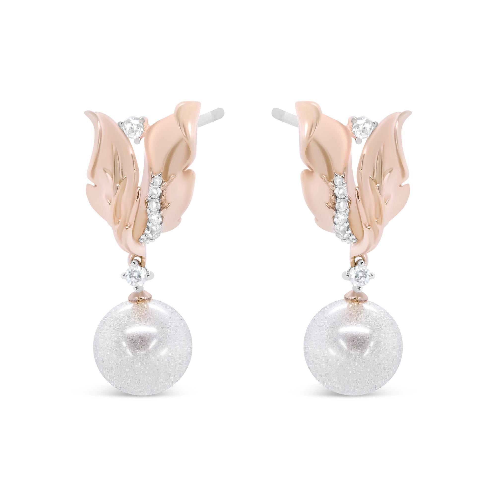 14K Rose Gold 1/6 Cttw Round Diamond and 8mm Round Pearl Floral Drop Stud Earrings (H-I Color, I1-I2 Clarity) - Friggin Jewelry