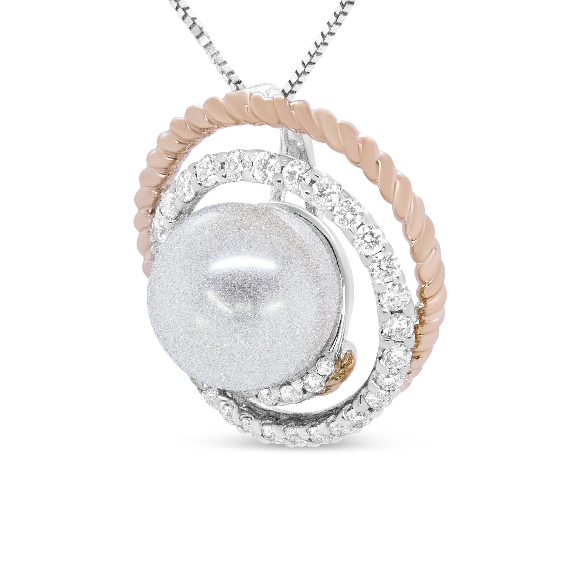 14K Rose and White Gold 3/8 Cttw Pave Diamond and 9mm Round Pearl Spiral Openwork 18" Pendant Necklace- (H-I Color, VS1-VS2 Clarity) - Friggin Jewelry Premium