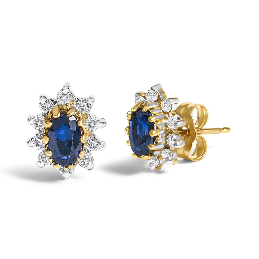 14K Yellow Gold 1/4 Cttw Diamond and Blue Sapphire Sunburst Halo Stud Earrings (K-L Color, I1-I2 Clarity) - Friggin Jewelry