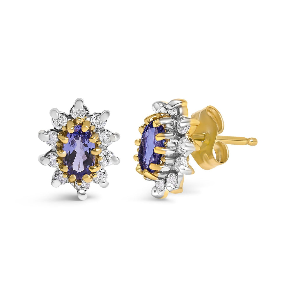 Aretes tipo botón en oro amarillo de 14 quilates con halo de tanzanita azul violeta y diamantes de 1/4 quilates (color KL, claridad I1-I2) - Friggin Jewelry