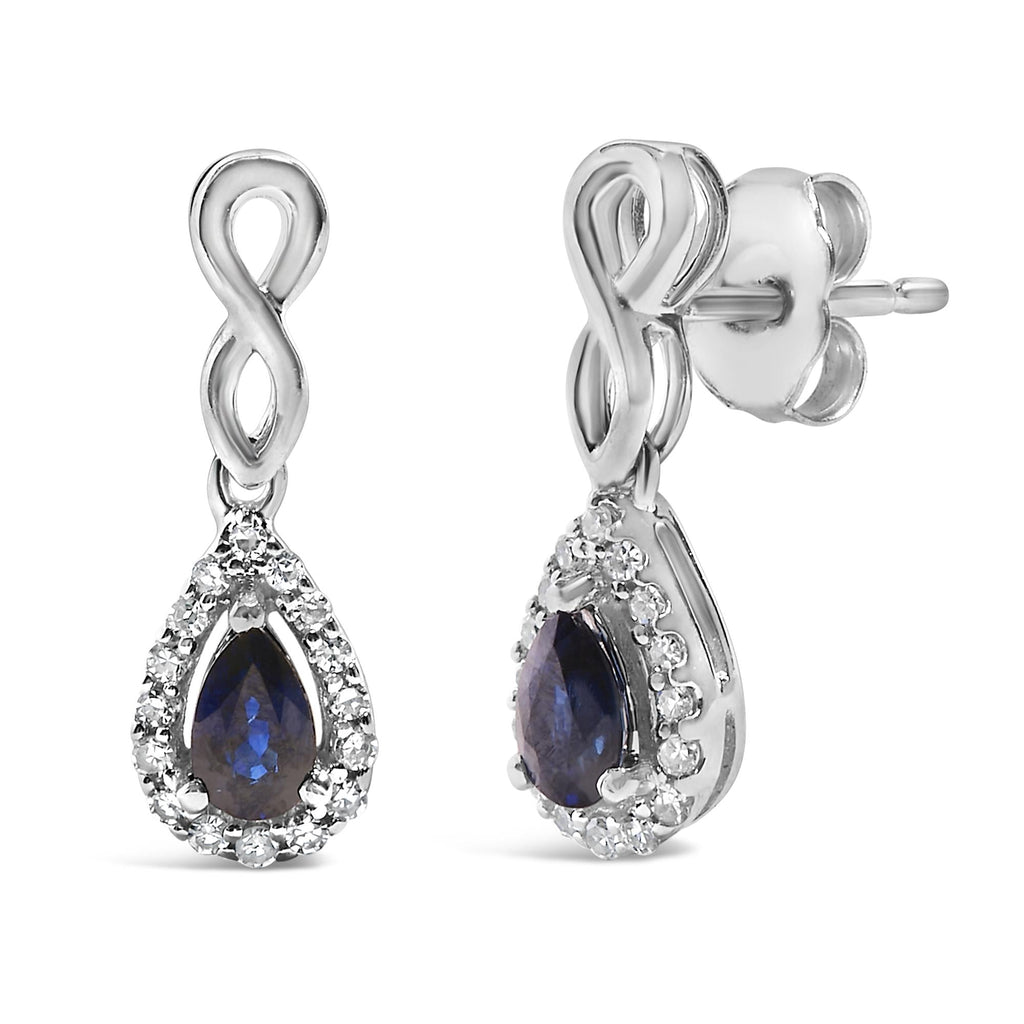 Pendientes colgantes con forma de infinito en oro blanco de 10 quilates con zafiro azul talla pera y diamantes de 1/7 quilates (color IJ, claridad I1-I2) - Friggin Jewelry