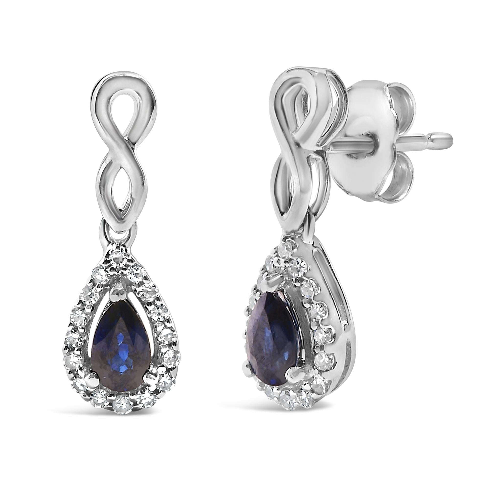 Pendientes colgantes con forma de infinito en oro blanco de 10 quilates con zafiro azul talla pera y diamantes de 1/7 quilates (color IJ, claridad I1-I2) - Friggin Jewelry
