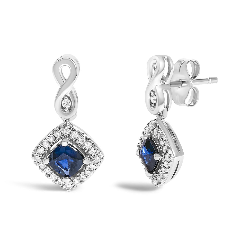 10K White Gold Blue  Sapphire and Diamond Halo Cushion Shaped Drop Earrings (I-J Color, I1-I2 Clarity) - Friggin Jewelry