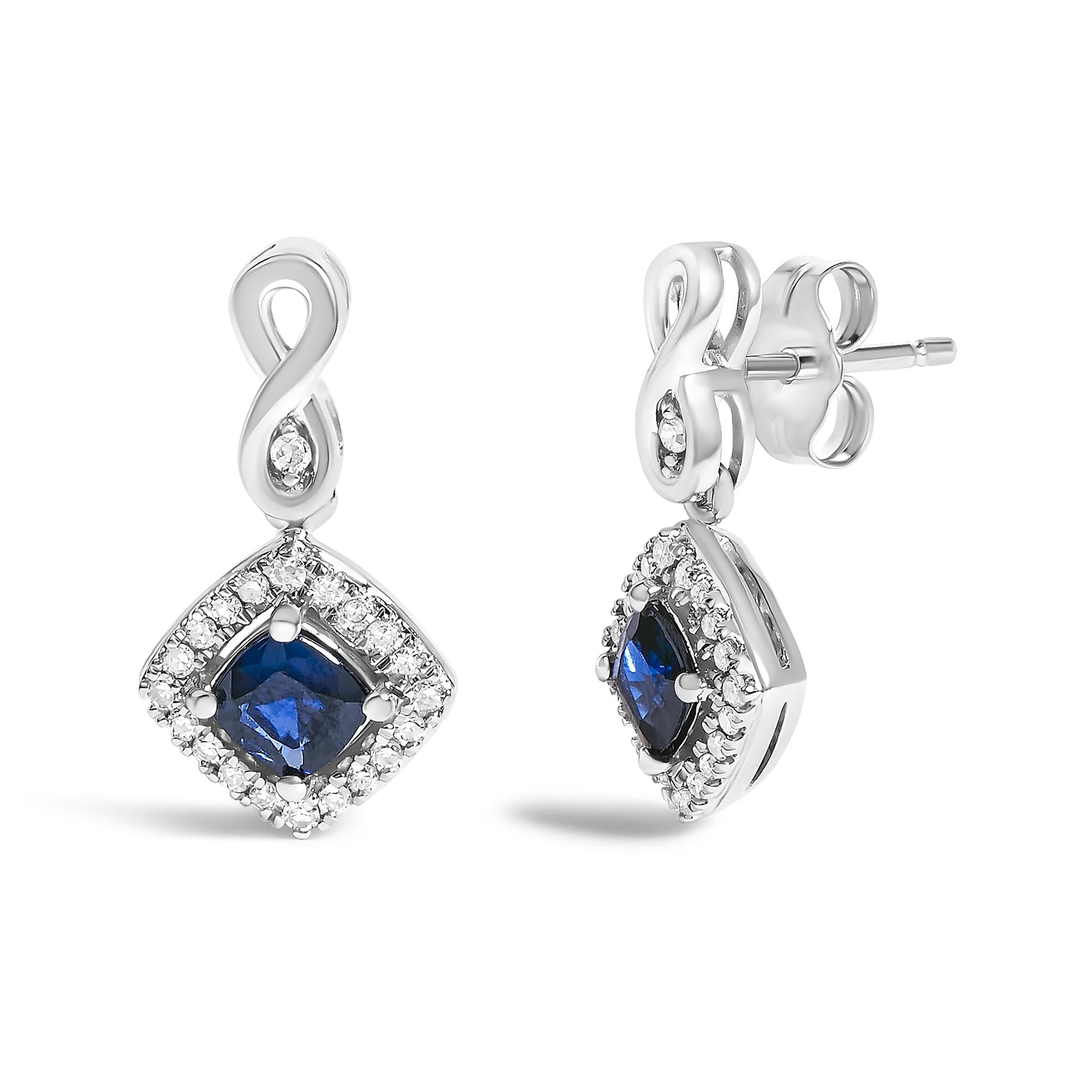 10K White Gold Blue  Sapphire and Diamond Halo Cushion Shaped Drop Earrings (I-J Color, I1-I2 Clarity) - Friggin Jewelry