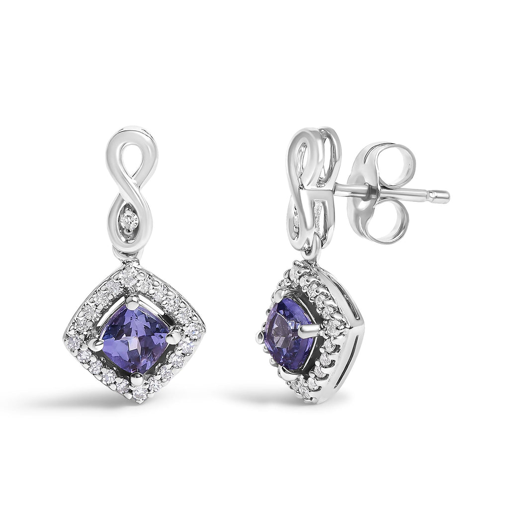 10K White Gold Blue Purple Tanzanite and Diamond Halo Cushion Shaped Drop Earrings (I-J Color, I1-I2 Clarity) - Friggin Jewelry